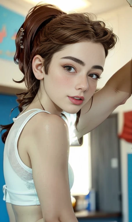 Photo of a 14 year-old american girl, .RAW, beautiful teenage girl, (Long brown hair with ponytail), light brown hair ponytail hairstyle((retrato)), ((Cara detallada:1.2)), ((Detailed facial features)), (Piel finamente detallada)  , (Masutepiece) (proporciones perfectaotos realistas)(La mejor calidad) (Detallado) fotografiado con una EOS R5 de Canon, Lente de 50 mm, f/2.8, NffSW, (8k) (papel tapiz) (cinematic lighting) (Dramatic lighting) (sharp focus) (Enrevesado) senos medianos , pechos medianos , muchas pecas en mejillas y nariz , pecas en pecho, cuerpo completo , hermoso cuerpo de muje adolesente,  lindo maquillaje , gran sonrisa  , mujer delgada escultural , ropa de base ball , uniforme de base ball , foto de cuerpo completo
