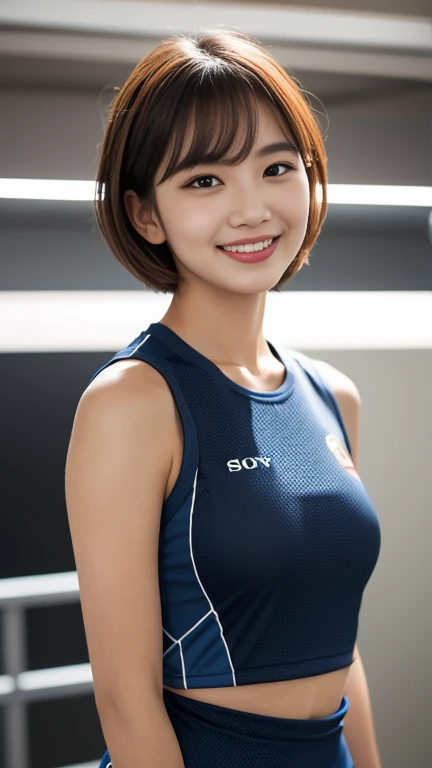 A girl named Nana, Short Hair, Brown Hair, 28 years old, ample bosom, Slender, Round face, drooping eyes, dimples, fang, winking smile, first-person view, Retro Flare, f/2.0, 105mm, Sony, UHD, retina, masterpiece, ccurate, anatomically correct, textured skin, super detail, high details, high quality, best quality, highres, 1080P, HD, 4K, 8k, training wear