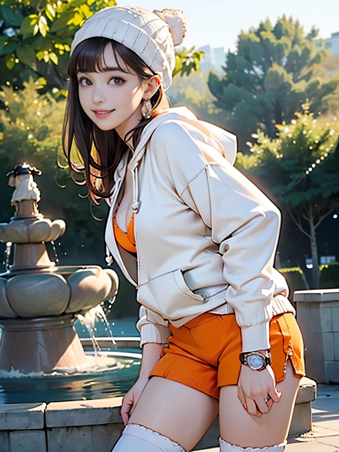 ((((highest quality))))、(((Ultra-precision CG16K wallpaper)))、(((masterpiece)))、(((Super detailed)))、(((Extreme detail)))、((1Mature 29 year old woman:1.6))、((Very beautiful Japanese faces))、((Yua Mikami:1.5))、((Straight medium hair、blunt bangs:1.5))、(Shiny brown hair)、Beautiful brown eyes、Clearly defined pupils、eyeliner、eye shadow、High nose、Small nostrils、Small Mouth、Seductive lips、Beautiful breasts、((C cup size breasts))、Cleavage、Voluptuous body、eight-headed body、Perfect proportions、Perfect Anatomy、Perfect composition、Beautiful detailed shading、Beautiful, natural lighting、Beautiful detail glow、Depth of written boundary、(((High chroma)))、(((Real:1.9)))、((vivid:1.5))、((Beautiful Skin))、((Skin Texture))、((Realな皮膚感))、(((Cowboy Shot:1.6)))、((Front view、shoot from front、Front low angle:1.6))、(((smile:1.5)))、((The woman is looking at this、looking at viewer、Facing forward:1.6))、Bright daylight、Natural light、(((Fountain Square、Trees:1.5)))、(Fashion model pose:1.6)、(((White hoodie、Orange hot pants:1.6)))、((Earrings、Wearing a necklace:1.3))、(((Watch knit hat、Knee socks clothing:1.6)))、