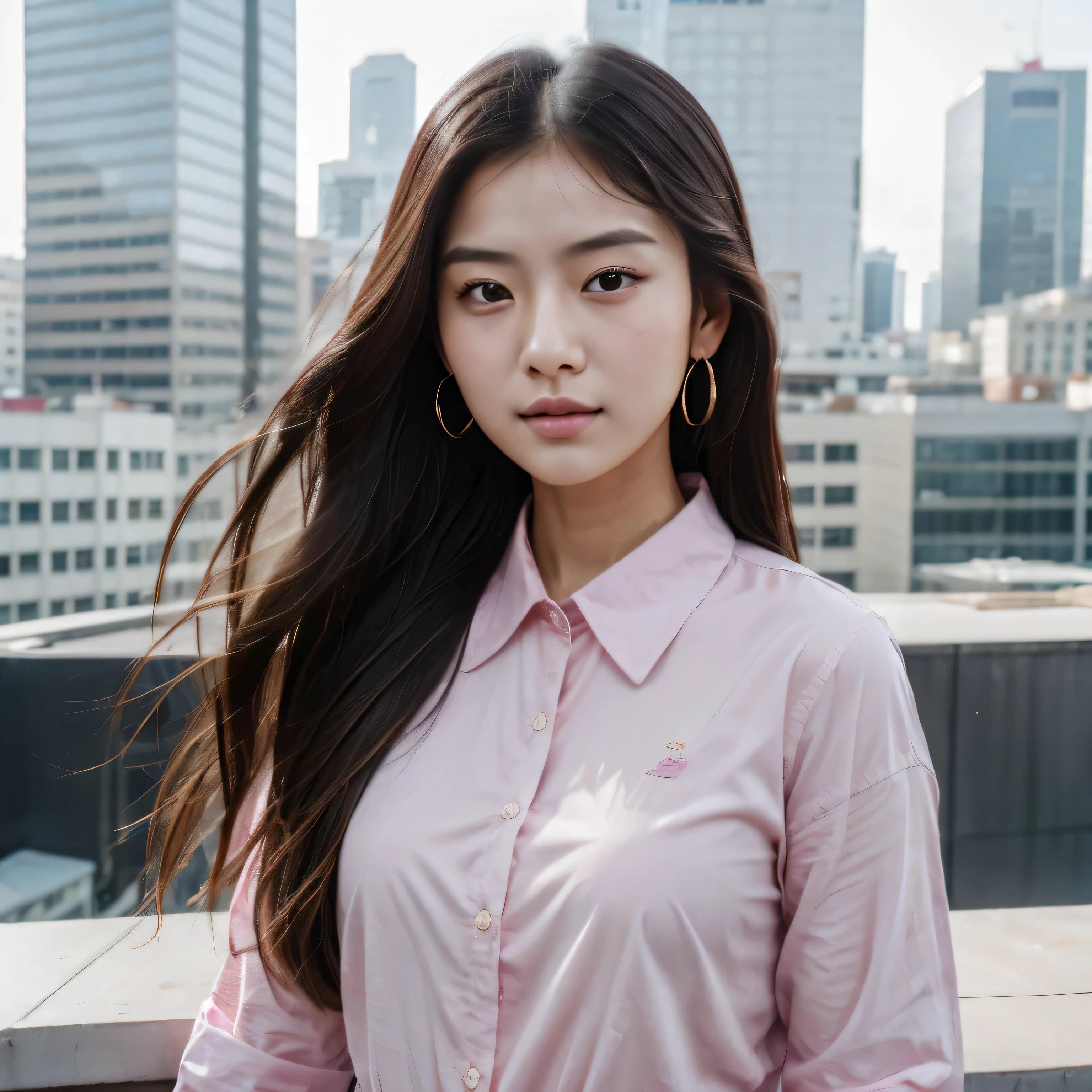 ((masterpiece)), ((realistic)), ((8k)), ((perfect face)), asian girl with long hair, wearing pink shirt, looking at viewer, in the rooftop, background city view