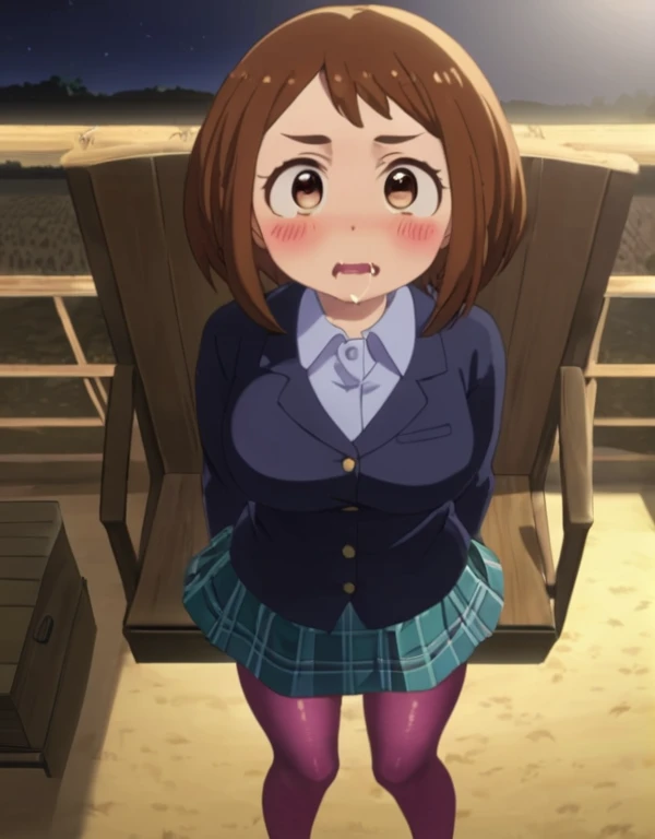 on back, standing, wood chair , Over low Shot, looking up, contrapposto, dynamic pose, cinematic lighting, nighttime , Cattle farm, daytime ,
1girl, Uraraka Ochako, thick_eyebrows blush_stickers, brown_hair, brown_eyes, short_hair, sideburns, shiny hair, medium breasts, skindentation +++ v-shaped_eyebrows, :o , , clear iridescence gingham check collared shirt aqua checked skirt, drawers pantyhose full brogue, extremely quality extremely detailed, illustration, cute anime face, spread legs, upskirt view, pink striped panties, panties under pantyhose, skirt lift, saliva from mouth