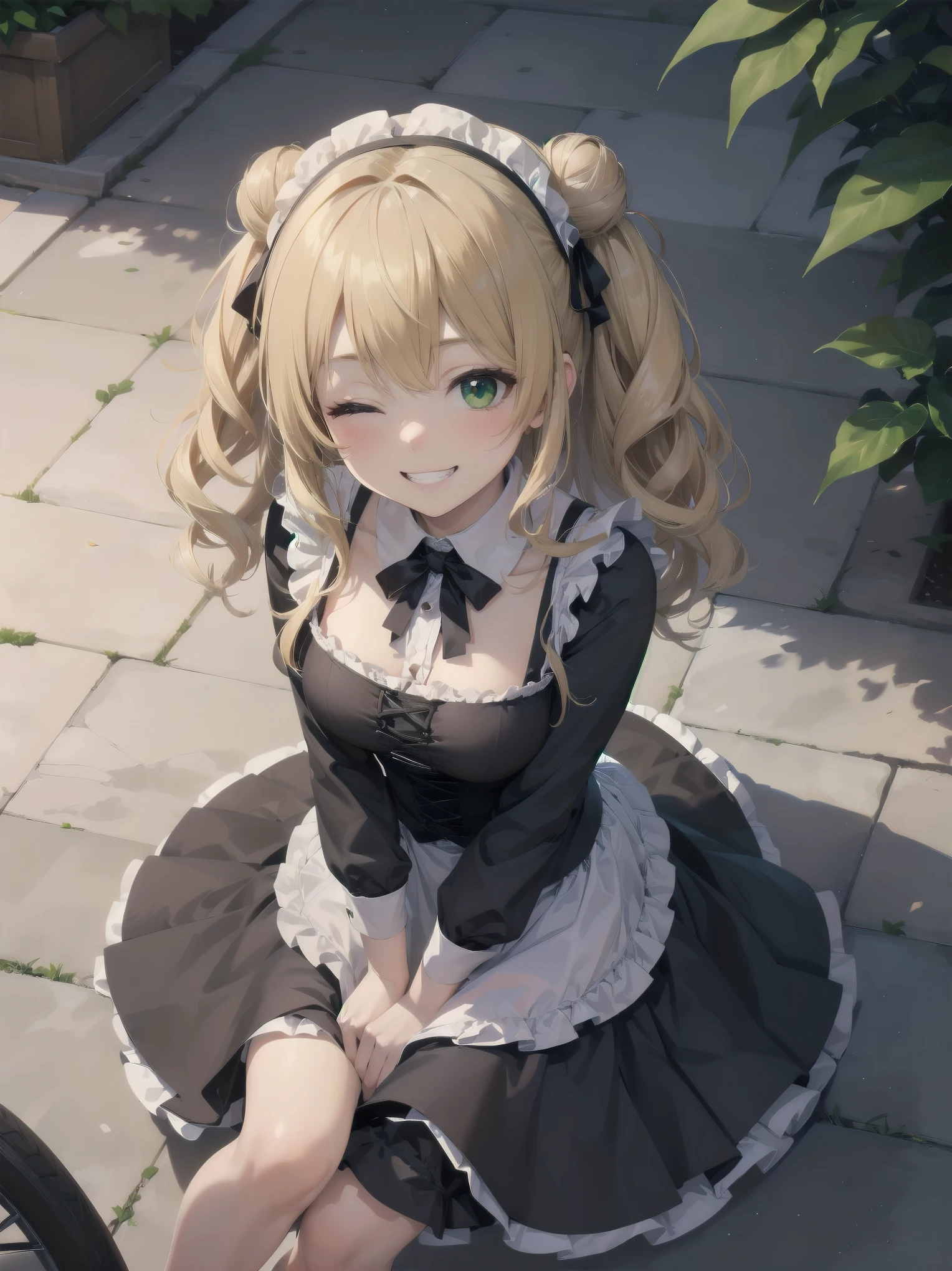 Masterpiece, Top Quality, One Girl, Solo, (Masterpiece: 1.2), (Top Quality: 1.2), Perfect eyes, perfect face, perfect lighting, sunlight, outdoors, marquis mansion, one girl, blonde hair, yellow-green eyes, one eye closed, (((wavy hair))), bun head, medium hair, ((gothic maid)), Cute eyes, closed mouth, ((from above)), ((front)), ((open legs)), ((grin)), cute pose.