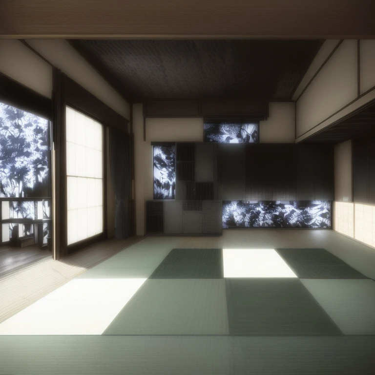 There is a room with a large window and a black and white floor., Kano Tanyou, style of shoji kawamori, creation, Written by Tianzheng Xiuwen, style of shuzo oshimi, sosaku hanga, by Taiyō Matsumoto