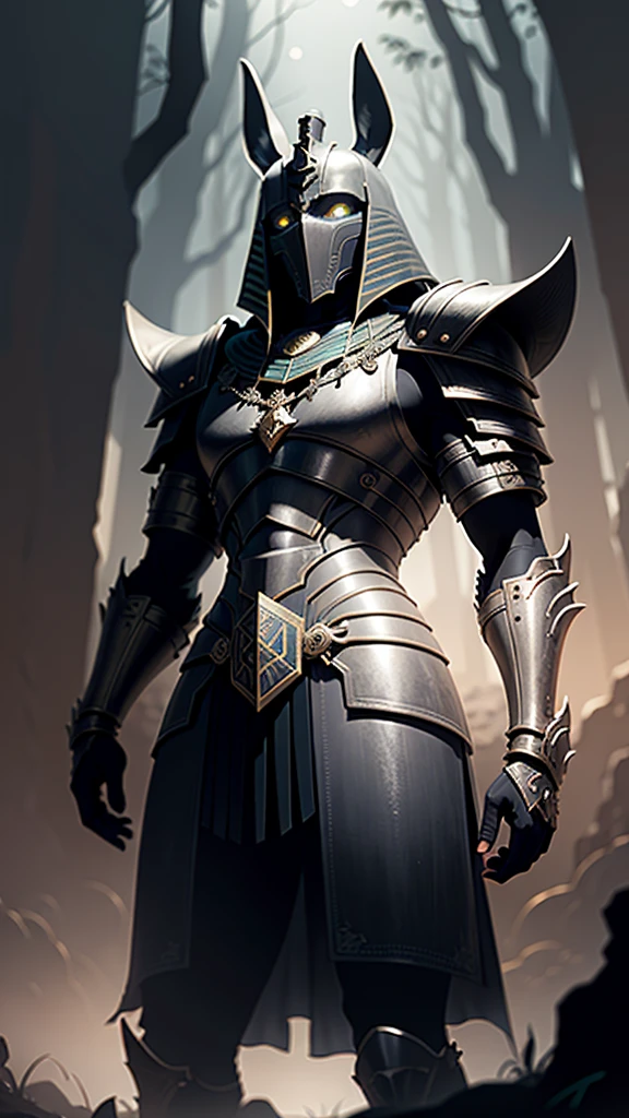 (a knight's head of Anubis),oil painting,dark and mysterious,warrior,courageous,adorned in armor,emerald eyes,sharp and detailed helmet,feathers of wings,shining sword,standing in a mystical forest,surrounded by ancient ruins and hieroglyphs,moonlit night,ominous glow and deep shadows,glimmering stars,atmospheric fog,whispers of forgotten pharaohs.