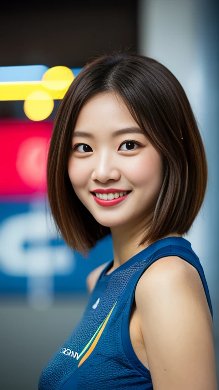 A girl named Nana, Short Hair, Brown Hair, 28 years old, ample bosom, Slender, Round face, drooping eyes, dimples, fang, winking smile, first-person view, Retro Flare, f/2.0, 105mm, Sony, UHD, retina, masterpiece, ccurate, anatomically correct, textured skin, super detail, high details, high quality, best quality, highres, 1080P, HD, 4K, 8k, training wear