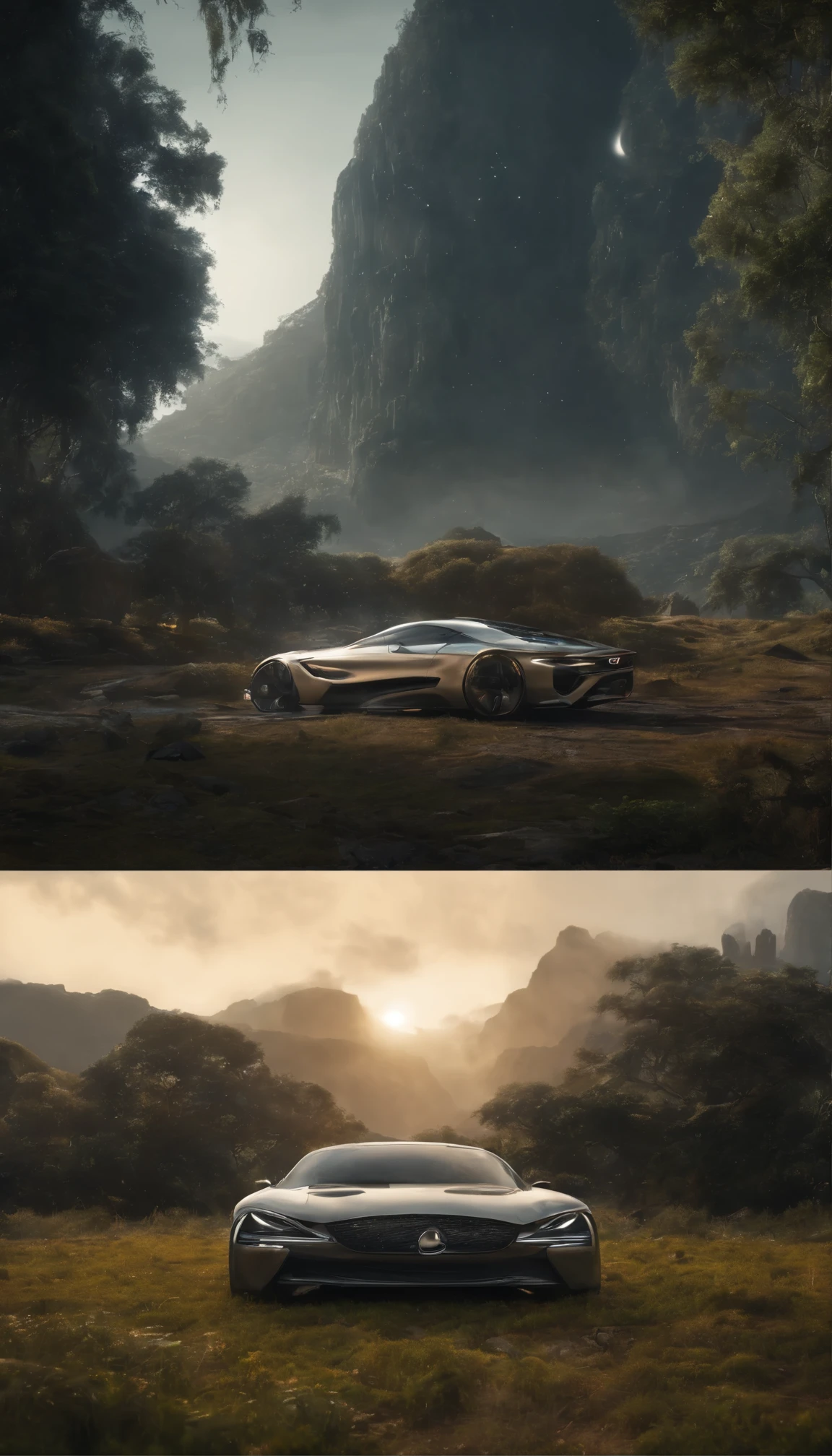 A stunning concept art piece depicting a traditional landscape in 8K resolution、It boasts super cool and ultra realistic sci-fi elements.。The images are filled with dramatic and atmospheric lighting.、Light rays trace ultra-detailed 3D environments。This scene、Dark shadows to highlight the ultra-detailed features that are trending in 4K Ultra HD ArtStation、Creates cinematic lighting effects。The central focus is、The design emphasizes the futuristic machinery placed in a rustic landscape.、Adds attractive contrast to the image。Unrealistic Engine 5 rendering、Enhance your visual experience、This really makes this a masterpiece.。