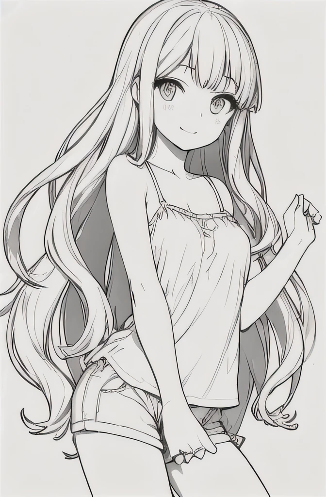 masterpiece, best quality, 1girl, 14 y.o girl, long wavy hair, breasts, cute eyes, white transparent oversized camisole:1.2, short hot pants, slight smile, looking at viewer, outdoors, line-drawing, monochrome, simple background