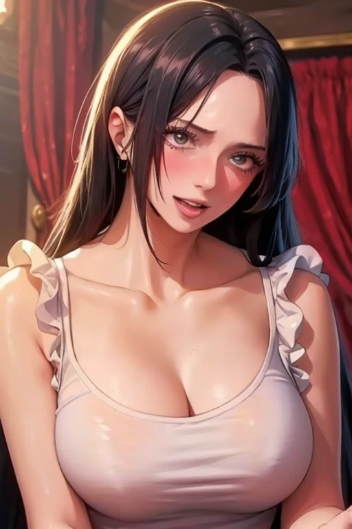 best quality, masterpiece, highly detailed,1girl, Boa Hancock, , (masterpiece:1.5), Detailed Photo, Smiling, Sexy, (8K, Best Quality: 1.4), (1girl), Beautiful Face, (anime realistic Face), (Black Hair, long Hair: 1.3), Beautiful Hairstyle, Realistic eyes, beautiful detail eyes, (white skin), beautiful skin, absurd, attractive, ultra high resolution, ultra realistic, high definition, golden ratio, (sexually aroused:1.5), Pinkish white skin, cool white light, sexy pose, Beautiful , white background, pink soft white light, Wear a white tank top