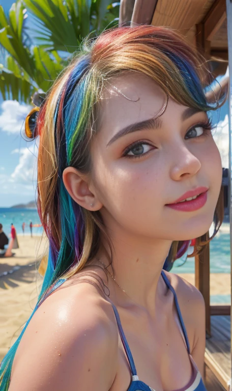 Photo oF a 17 year-old American girl, .CRUDO, beautiFul woman, cabello de colores , cabello color arcoiris , pelo arcoiris ((retrato)), ((Cara detallada:1.2)), ((Detailed Facial Features)), (Piel Finamente detallada), pale skin , pecas en mejillas , ojos color rosa, 、un sexy(color fresco), wet, wet, ReFlectoreasutepiece) (proporciones perFectaotos realistas)(La mejor calidad) (Detallado) FotograFiado con una EOS R5 de Canon, lente de 50 mm, F/2.8, NFFSW, (8K) (papel tapiz) (cinematic lighting) (dramatic lighting) (sharp Focus) (Enrevesado) senos grandes , pechos grandes , pecas en mejillas , cuerpo completo , hermoso cuerpo de adolesente , posando sexy a la camara , posando de Frente para la camara ,lindo maquillaje , linda sonrisa , labios rojos. Mlp , Rainbow Dash , ropa de verano ligera , cuerpo completo , parque , anochecer