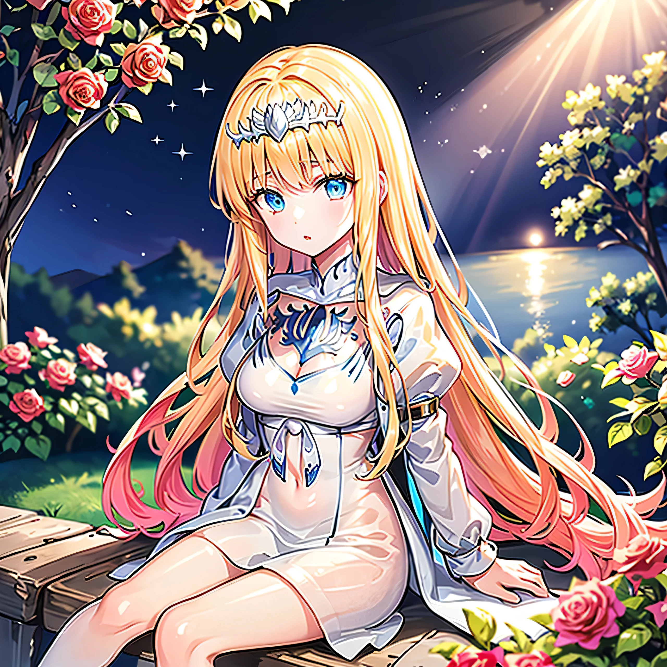 、Sitting surrounded by roses、1girl, solo, Calca, Calca Bessarez, blonde hair, extremely long hair, very long hair, white tiara, silver tiara, white dress, blue eyes, medium chest