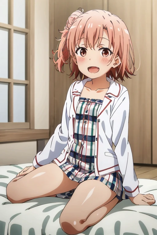 ((highest quality)), ((masterpiece)), (be familiar with), Perfect Face, indoor, Bedroom, Watching the audience,
One woman, Yuigahama Yui,
Open Mouth, Ecstatic expression, blush, smile,
Small breasts, Flat Chest, Young Girl, , , Girl,
Short Hair, Salmon-colored hair, Salmon-colored eyes, Side Pony,
Leg spread,