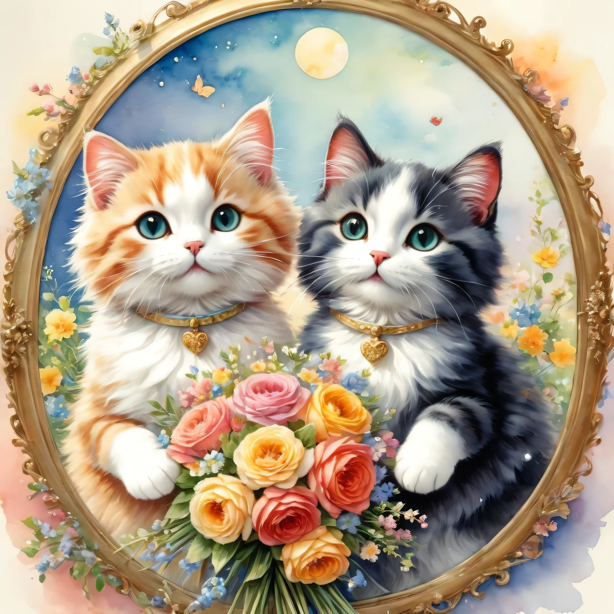 ((A couple of cats holding a bouquet)),masterpiece,highest quality,Fluffy cat,Little,cute,Adorable,fun,happiness,,Flower Hair Ornaments,Stylish scenery,Anatomically correct,all the best,,Little cat,The cutest cat,Fantasy,Randolph Caldecott Style,Awareness-raising,Watercolor,Decorative frame,Fancy,Sparkling,Wide range of colors,Gentle colors