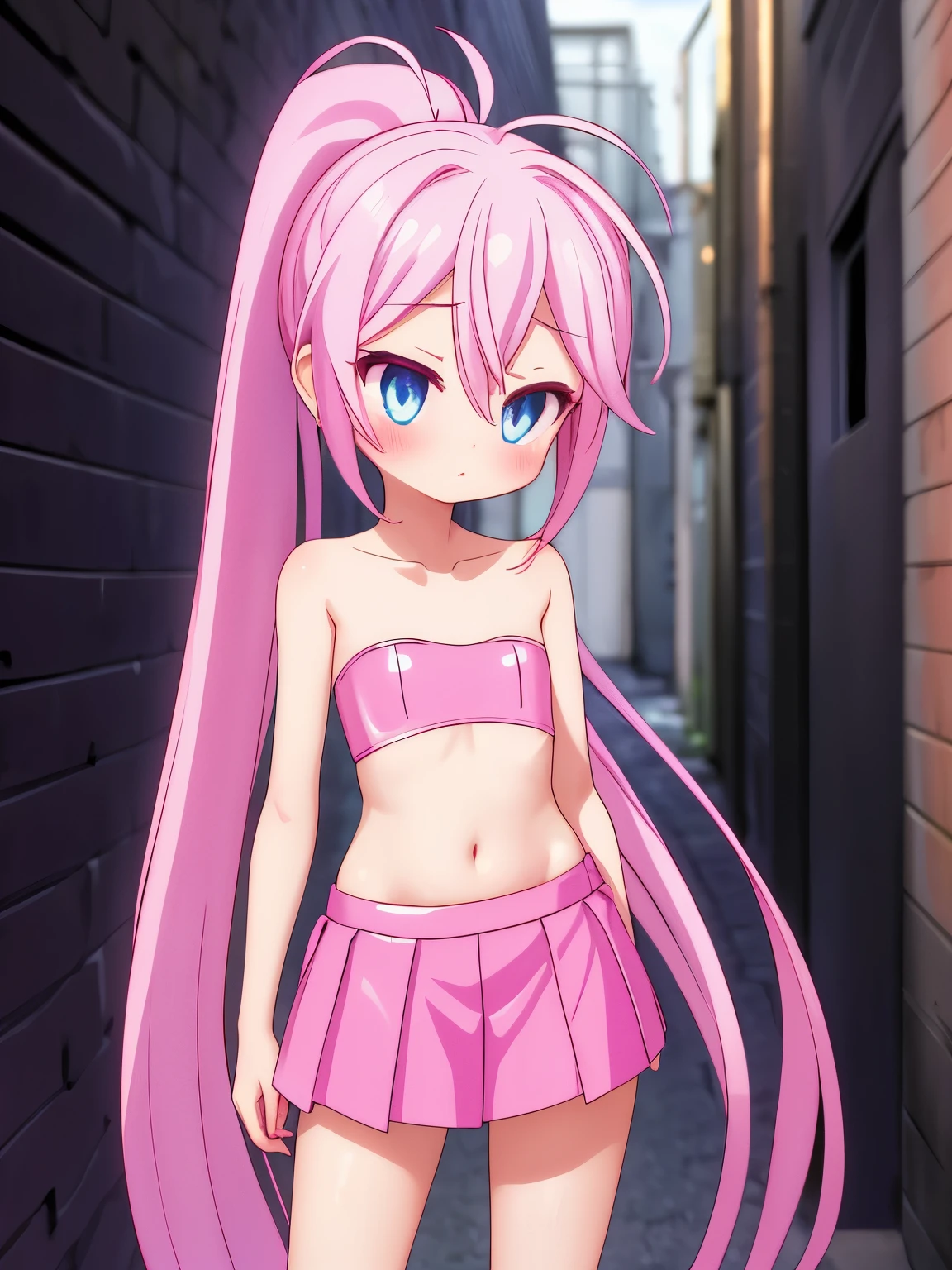  ****con, pink  hair,strapless pink tiny  crop top  ,pink latex  miniskirt,very long and  Thin legs,blue eyes ,very thin waist , coquette, ponytail,in an alleyway,very thin waist ,marked ribs 