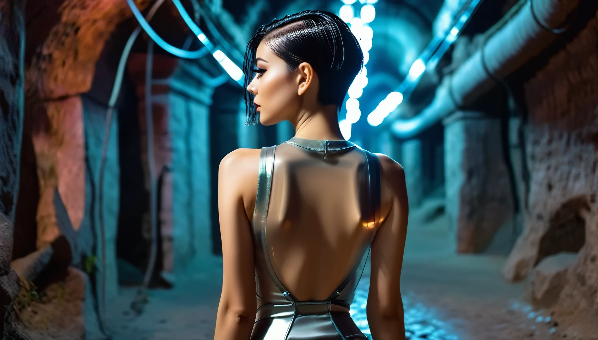 Top Quality, Masterpiece, High Resolution, 8k, (((girl in futuristic satin see-through outfit with bare back, full body view, small perky breasts, beautiful detailed eyes, no lipstick, extremely detailed face, pixie asymmetrical hair cut, small hips, in a dungeon, behind back)))