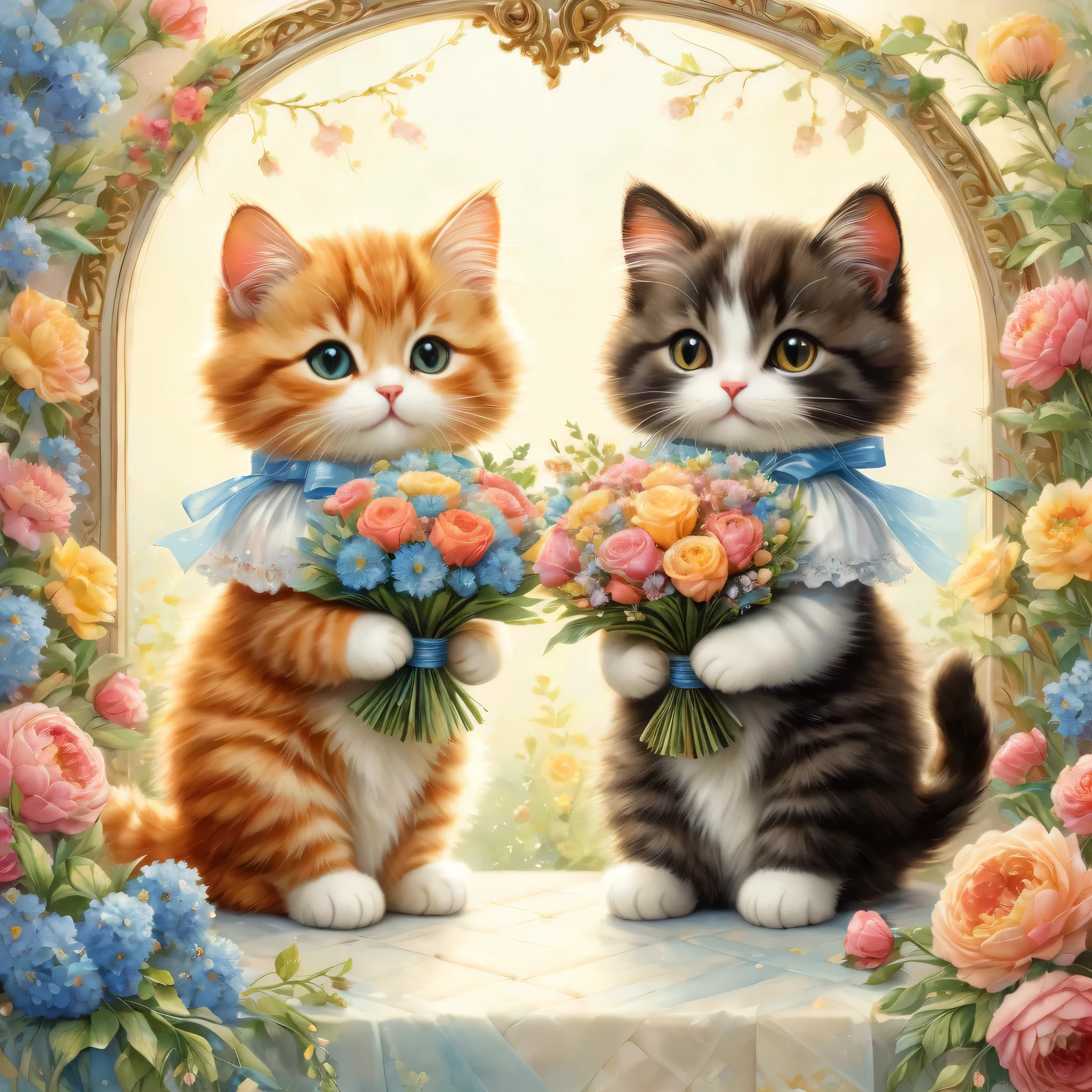 ((A couple of cats holding a bouquet)),masterpiece,highest quality,Fluffy cat,Little,cute,Adorable,fun,happiness,,Flower Hair Ornaments,Stylish scenery,Anatomically correct,all the best,,Little cat,The cutest cat,Fantasy,Randolph Caldecott Style,Awareness-raising,Watercolor,Decorative frame,Fancy,Sparkling,Wide range of colors,Gentle colors