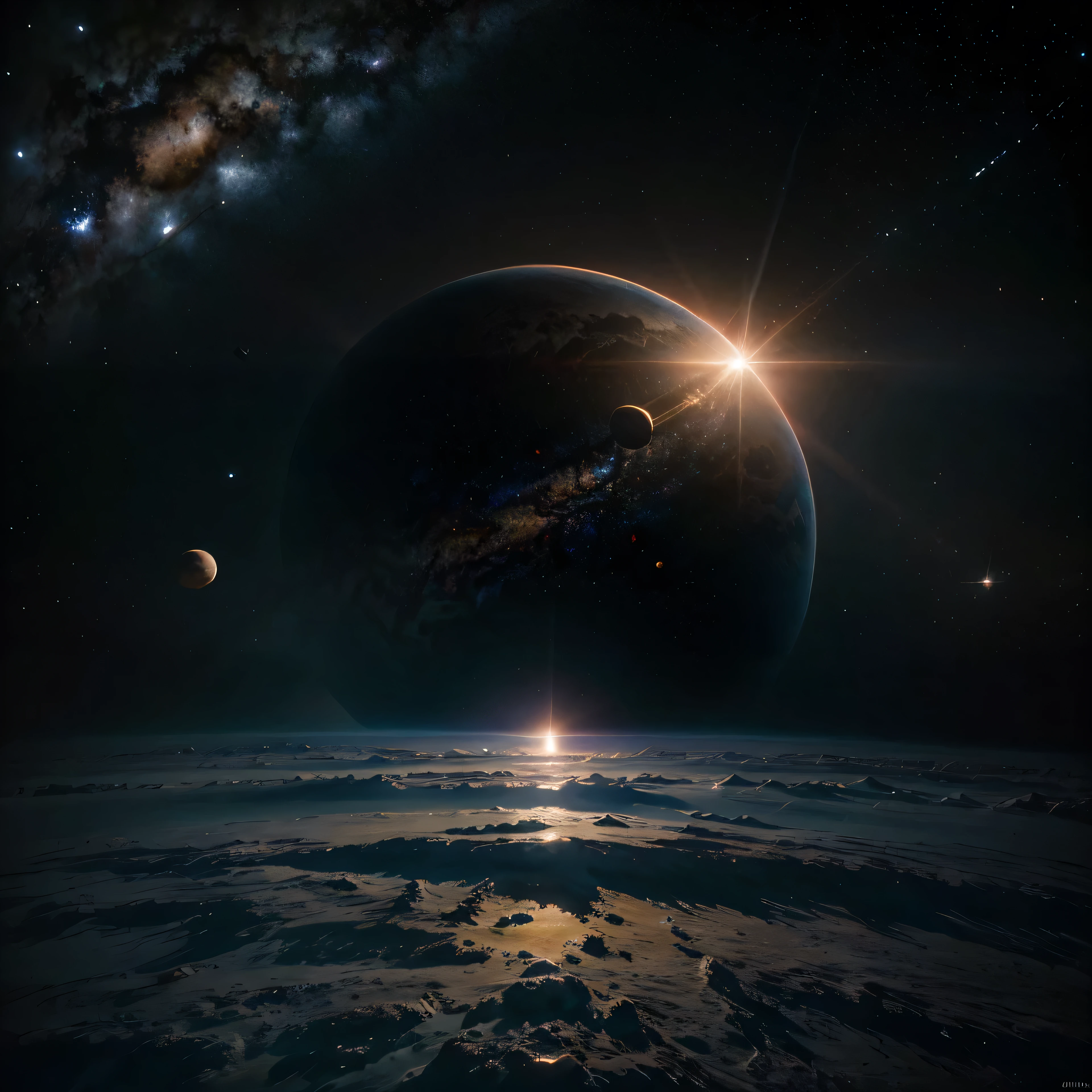 Best quality, masterpiece: 1.1, FusionArt: 0.9, Ultra-high resolution: 1.3, (fotografia realista: 1.4), A breathtaking image of the solar system, with outer space's vastness juxtaposed against the intricacies of planets and stars. Sombrio: 0.6, The somber hues of deep space contrasting the vibrant colors of nebulae and planets. Detailed textures of celestial bodies, high contrast lighting, photorealistic representation, a true visual masterpiece.
Note: I assumed "sombrio" referred to a mood or tone,