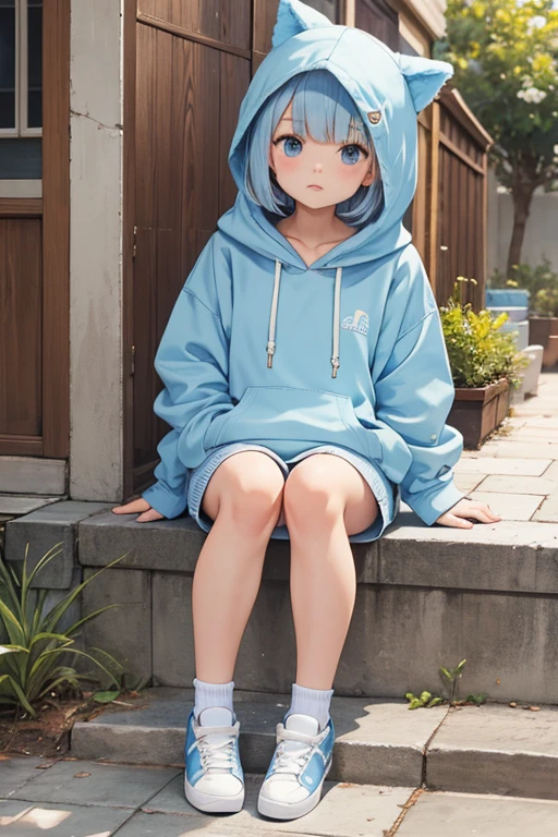 Light blue short bob　Legs crossed　hoodie　Baby Face