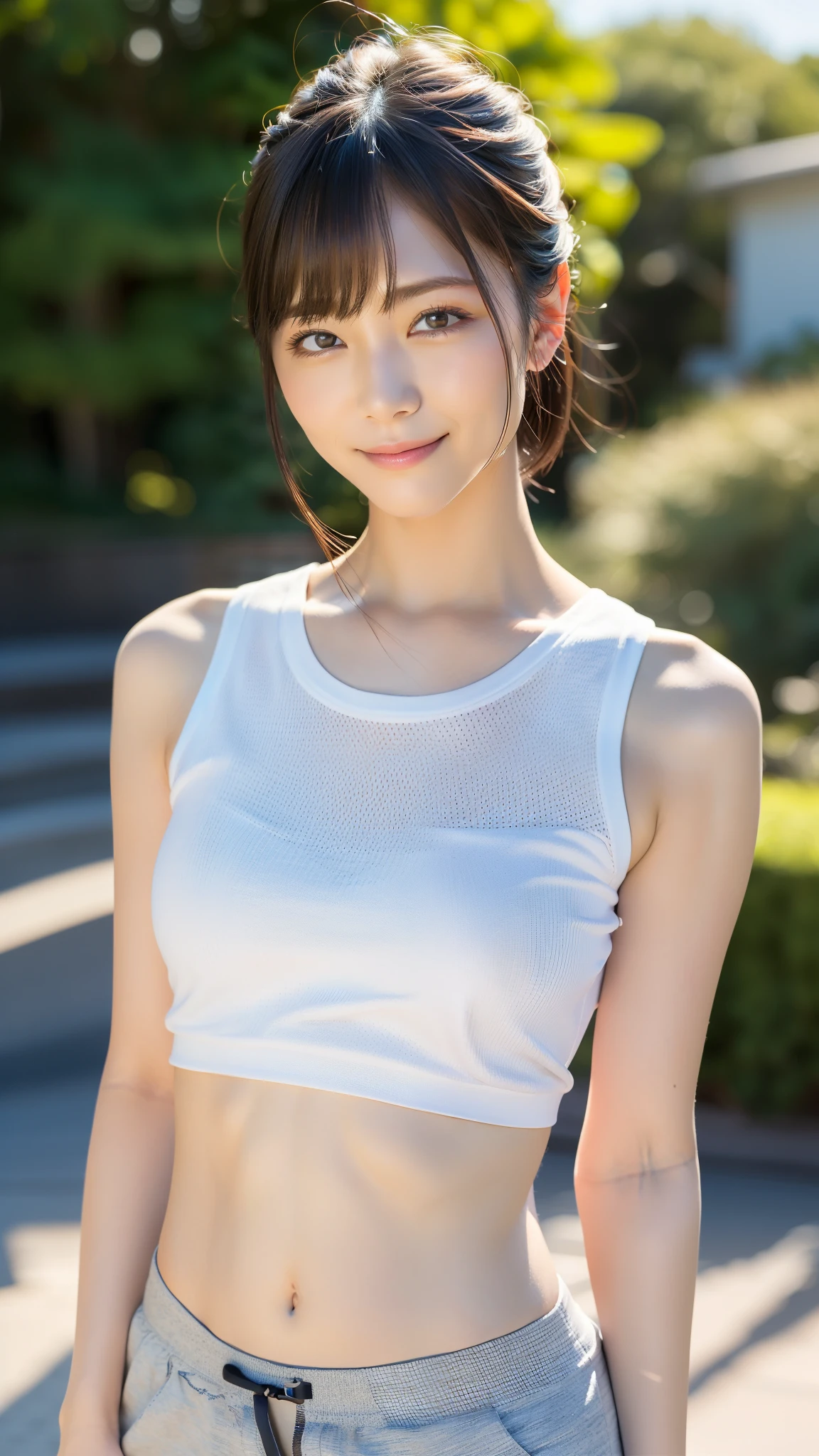 (highest quality:1.5)、(Realistic:1.5)、(1 person:1.5)、Very detailed、High resolution、8k、(Composition for taking upper body shots)、Small breasts、Natural color lips、Cute smile、Japanese women、20 year old girl、Arched thin eyebrows、Beautiful and elegant face、Cute face、(Large, balanced eyes)、Big Eyes、Fair skin、Beautiful and elegant face、Natural Bangs、Beautiful and thin nose、Beautiful Skin、Medium Bob Hair、Natural Bangs、Perfect and beautiful face、Slim face and figure、(Natural smileでカメラを見て)、(Bright lighting)、Professional Lighting、 (Lighting from the front)、Natural smile、Simple poses、Plain tight micro tank top sportswear、The clavicle is visible、The navel is visible、(Open the navel)、Rural Scenery、