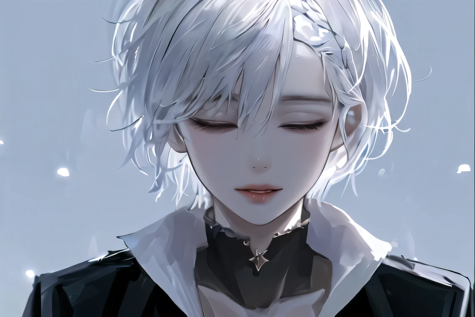 1girl, portrait, solo,lips, female focus, looking at viewer, white hair, short hair, perfect smile, closed eyes, realist.