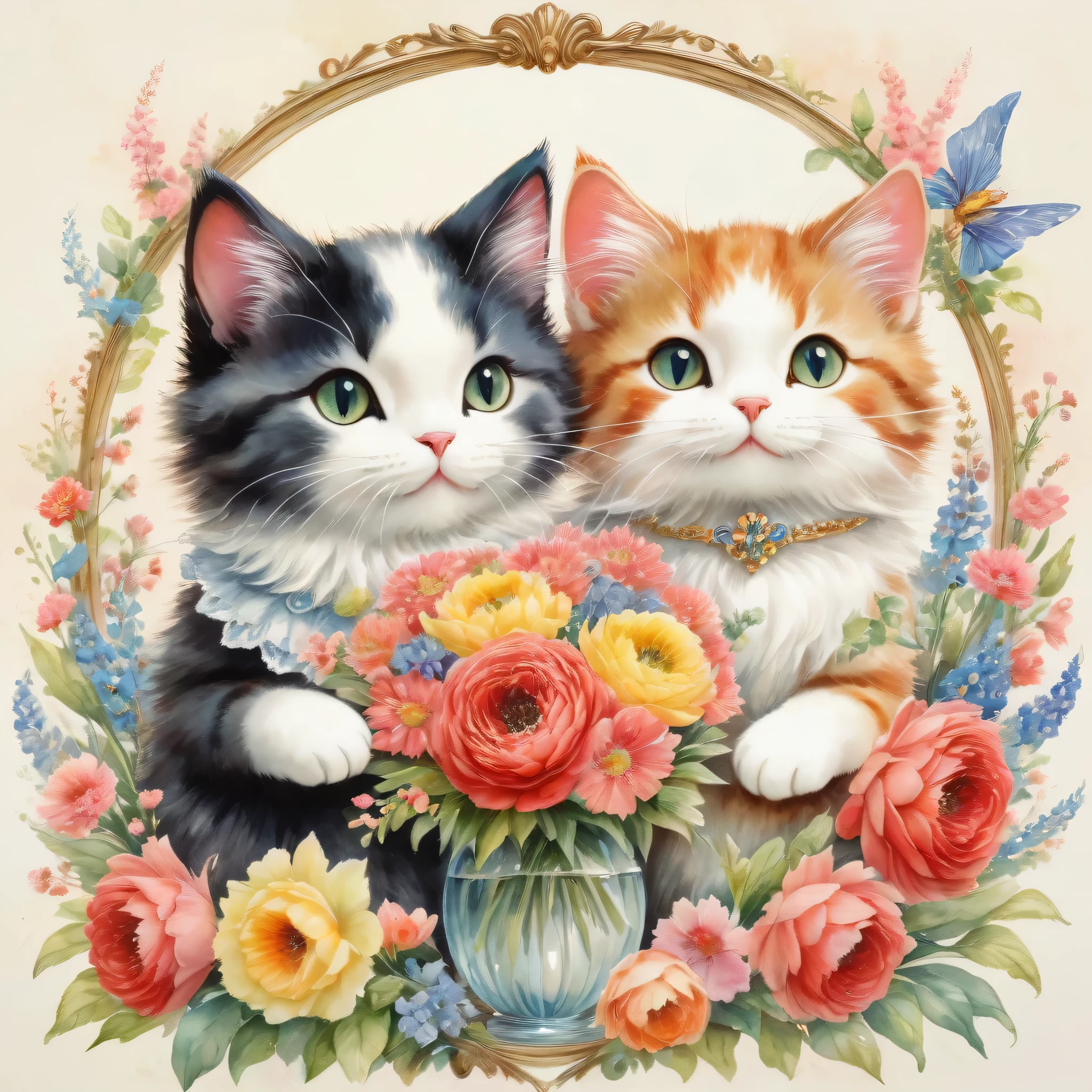 ((A couple of cats holding a bouquet)),masterpiece,highest quality,Fluffy cat,Little,cute,Adorable,fun,happiness,,Flower Hair Ornaments,Stylish scenery,Anatomically correct,all the best,,Little cat,The cutest cat,Fantasy,Randolph Caldecott Style,Awareness-raising,Watercolor,Decorative frame,Fancy,Sparkling,Wide range of colors,Gentle colors