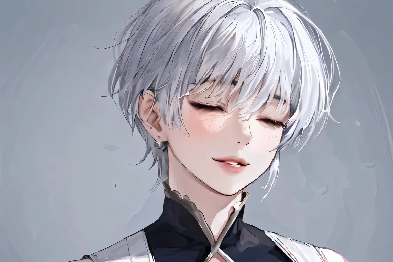 1girl, portrait, solo,lips, female focus, looking at viewer, white hair, short hair, perfect smile, closed eyes, realist.