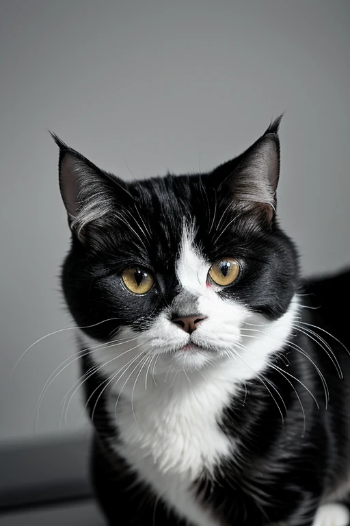 A black and white image of only the face of a Scottish Fold cat from the front.The background is white, without the body or limbs.
