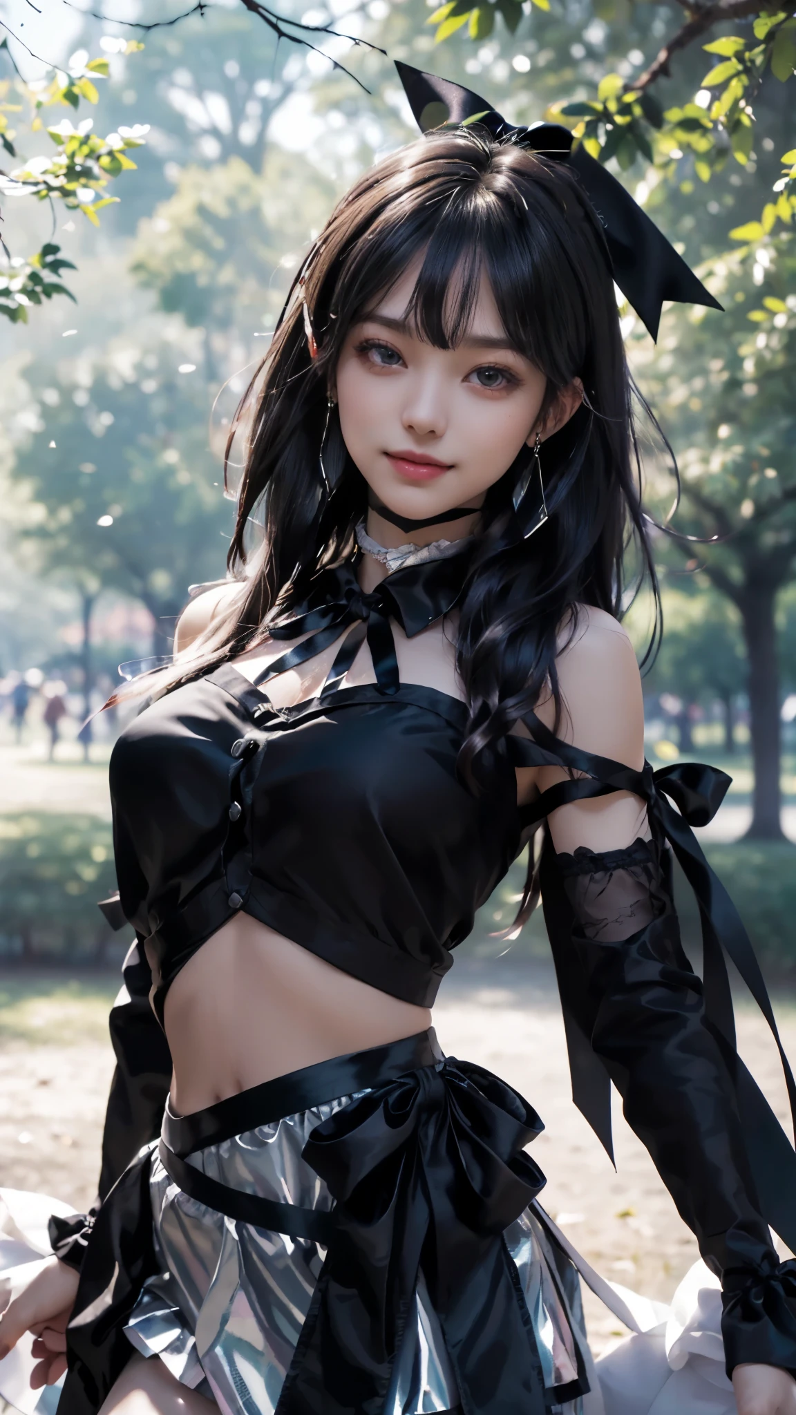 (ultra-realistic realism), (illustratio), (A high resolution), (8K), (The is very detailed), (Best Illustration), (Beautifully detailed eyes), (top-quality), (ultra - detailed), (tmasterpiece), (HD Color), 1 girl, ((24 years old girl)), (A detailed face), solo, 1 girl in, looking at viewert, finedetail, A detailed face, in the darkness nigth, deep shading, low tune, pureerosfaceace_V1, A smile, black shawl ,straight hair, 46-point diagonal bangs, (beautiful stomach, strips), (shining ribbon:1.5), (cropped shoulders), (in the park:1.5), lake, ((dancing pose)),