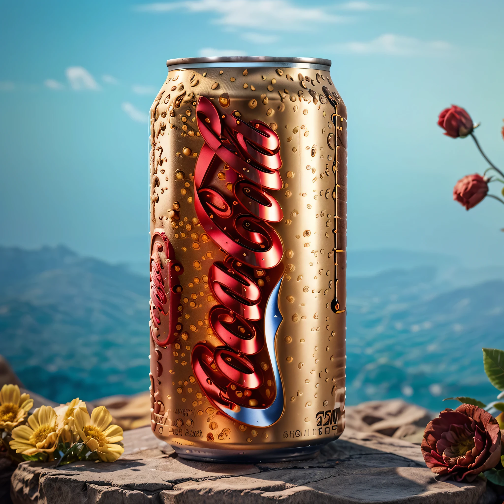 A red cocacola can is placed on a rock, surrounded by flowers with a sky blue background. The texture has a highend style with high-definition photography. The glass material shows the clear and translucent perfume liquid. The colors have high contrast in a movie quality style. It could be used for commercial photography, advertising posters, or product promotional images. The image has high resolution and high detail in the style of high-quality photography. It is a high-resolution photograph taken for product shooting