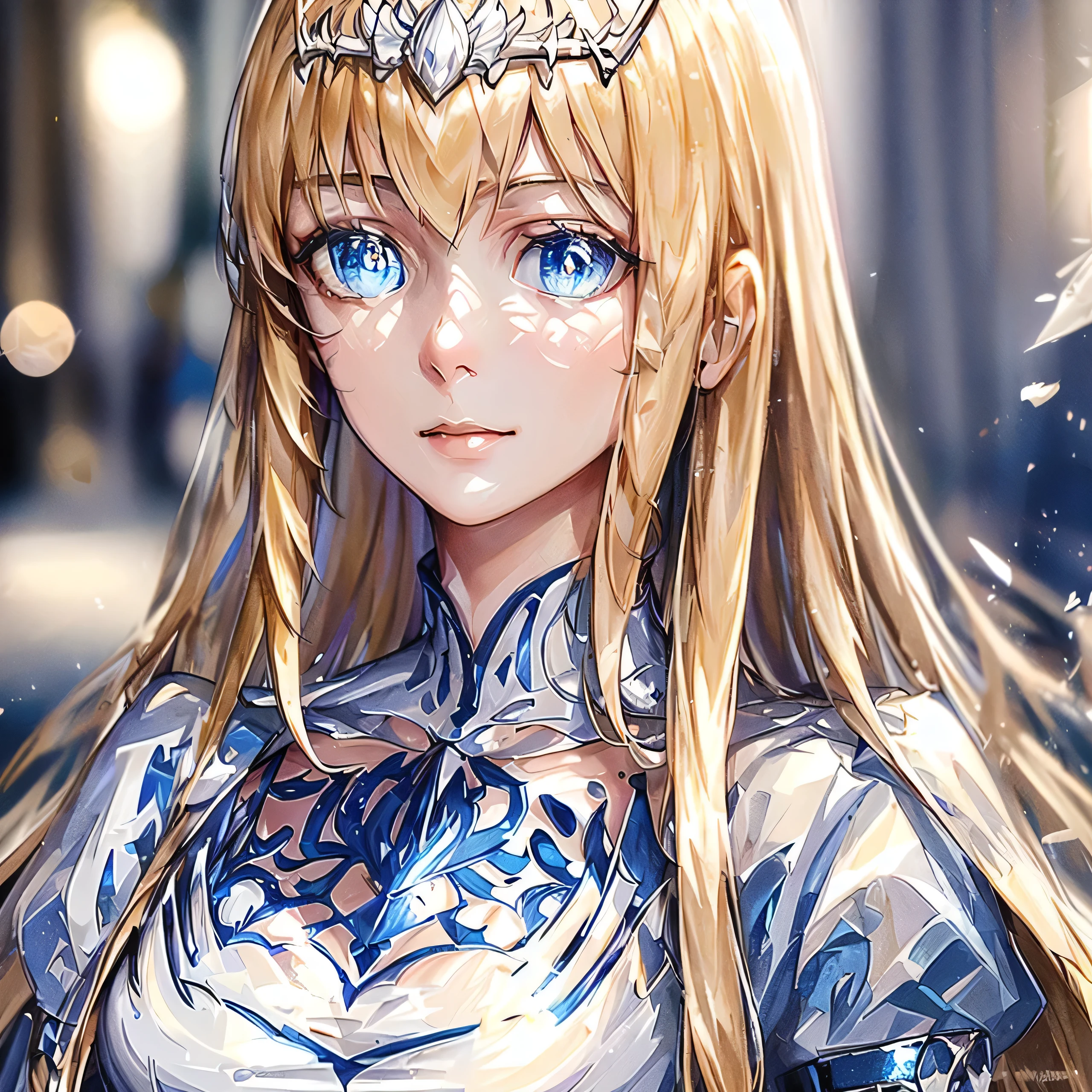 masterpiece, best quality, illustration, (dynamic lighting:1.2), cinematic lighting, delicate facial features, detailed eyes, sharp pupils, realistic pupils, depth of field, bokeh, sharp focus, (hyper-detailed, bloom, glow:1.4),, 1girl, solo, Calca, Calca Bessarez, blonde hair, extremely long hair, very long hair, white tiara, silver tiara, white dress, blue eyes, medium chest