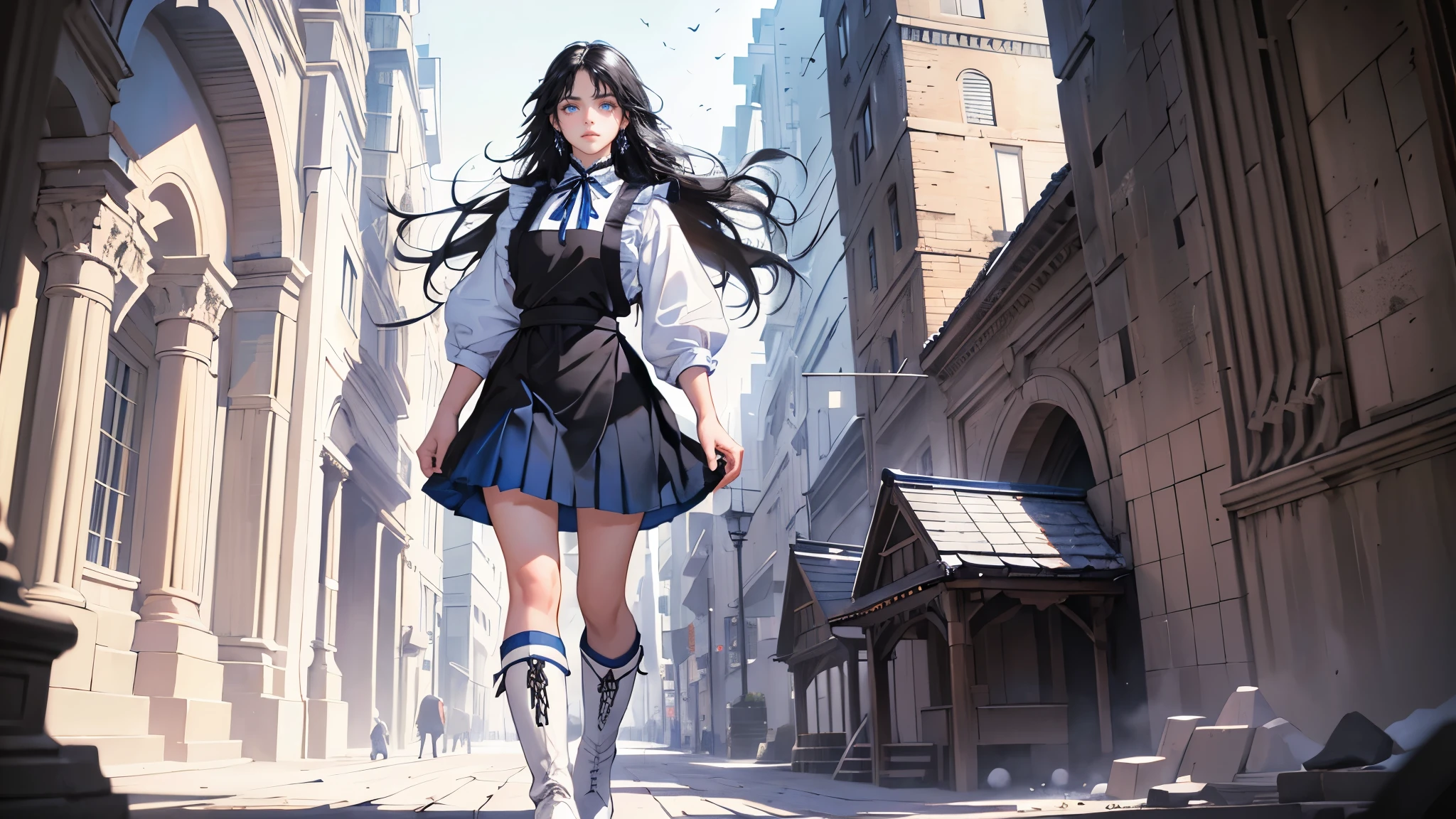 masterpiece, ultra detailed, 8k portrait, RAW photo, portrait photography, highly detailed face, beautiful and meticulous eyes, (black long hair:1.5), blue eyes, white hair ribbon, blue , blue pleats mini skirt, white chest apron, white tights, half boots, standing,