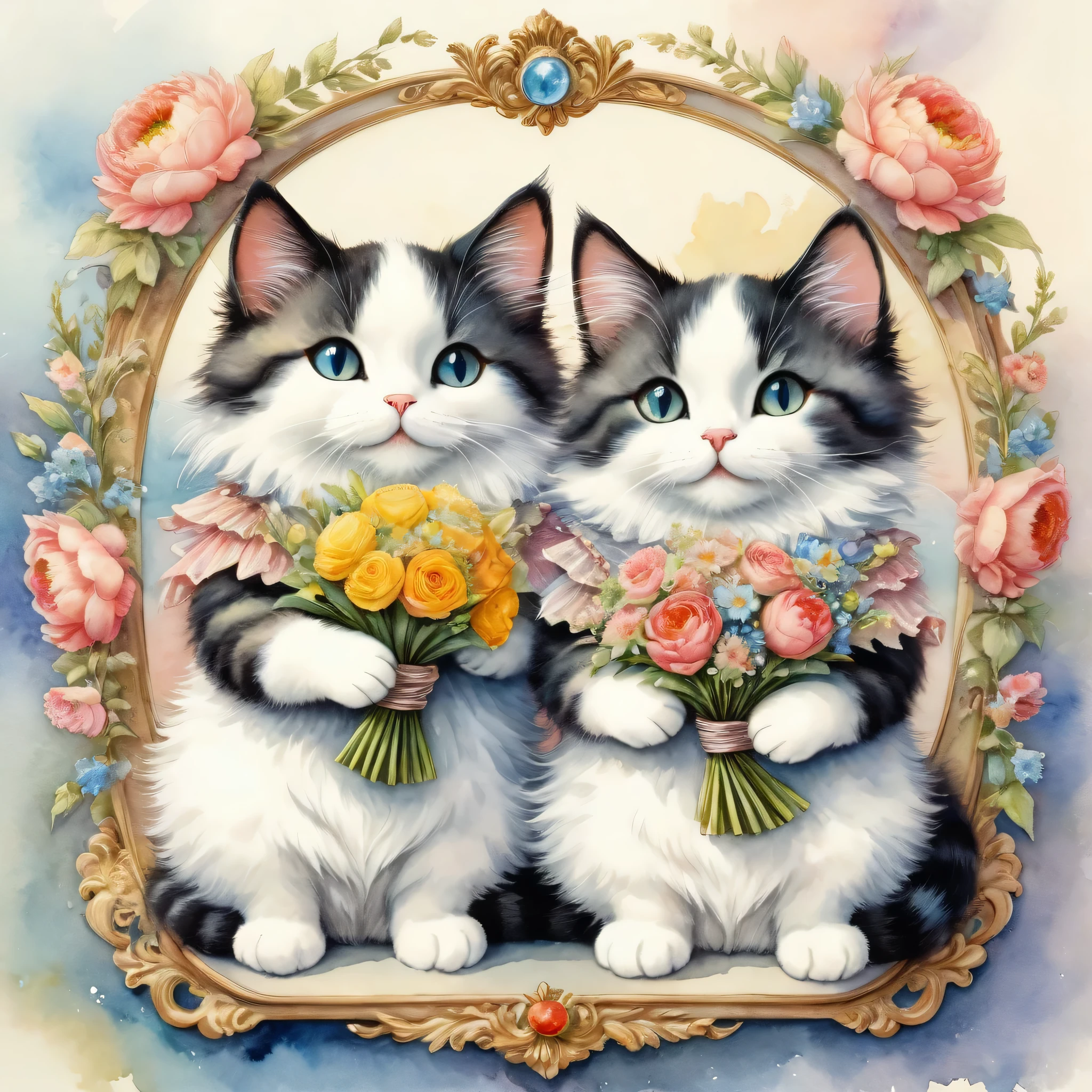 ((A couple of cats holding a bouquet)),masterpiece,highest quality,Fluffy cat,Little,cute,Adorable,fun,happiness,,Flower Hair Ornaments,Stylish scenery,Anatomically correct,all the best,,Little cat,The cutest cat,Fantasy,Randolph Caldecott Style,Awareness-raising,Watercolor,Decorative frame,Fancy