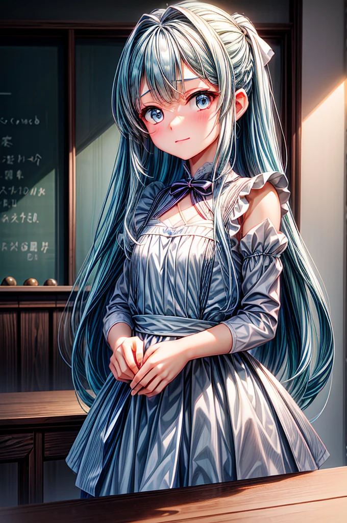 flat chest,masterpiece, best quality, extremely detailed, (illustration, official art:1.1), 1 girl ,(((( light blue long hair)))), light blue hair, , blunt bangs,10 years old, long hair ((blush)) , cute face, big eyes, masterpiece, best quality,(((((a very delicate and beautiful girl))))), small Girl,Amazing,beautiful detailed eyes,blunt bangs((((little delicate girl)))),tareme(true beautiful:1.2), ,,, affectionate smile,(8K, Raw photography, top-quality, ​masterpiece:1.2),、hi-school girl、、summer clothing、、be shy、Very cute、pony tail hairstyle、Classroom、Cooking Practice、I want to blush、Turning Pripan、pinafore、Holding a kitchen knife、Hand over the lunch box、
