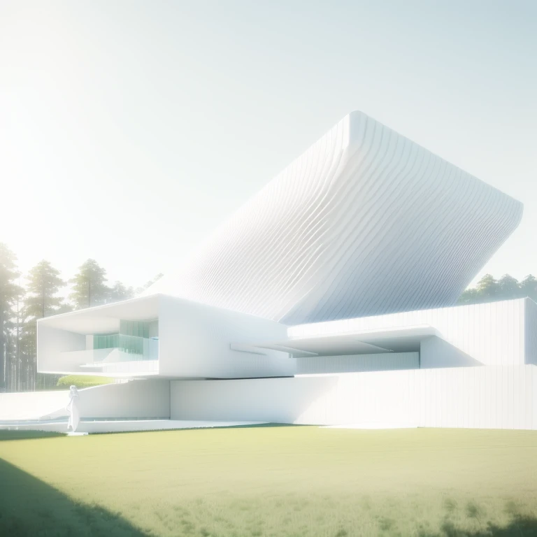 A large white building on top of a green hill, white Minimalist architecture, concept house, Minimalist architecture, Realistic architecture, Minimalistic architecture, white architecture, minimal structure, High quality rendering, Minimalist Construction, Futuristic house, architectural rendering, Architectural visualization, architectural rendering, Smooth Architecture, All White Rendering, archviz, Minimalistic house in the forest, modern architecture