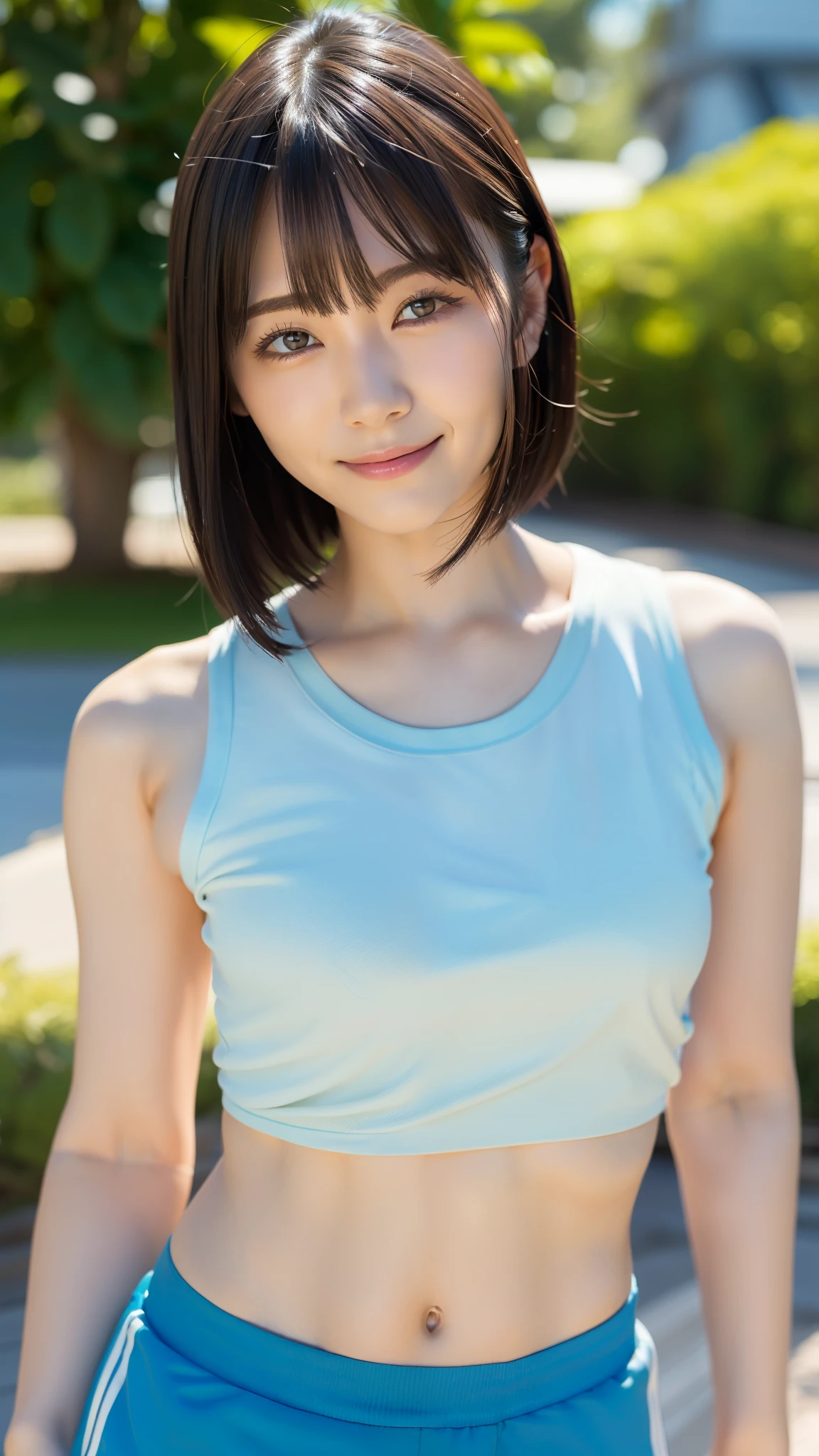 (highest quality:1.5)、(Realistic:1.5)、(1 person:1.5)、Very detailed、High resolution、8k、(Composition for taking upper body shots)、Small breasts、Natural color lips、Cute smile、Japanese women、20 year old girl、Arched thin eyebrows、Beautiful and elegant face、Cute face、(Large, balanced eyes)、Big Eyes、Fair skin、Beautiful and elegant face、Natural Bangs、Beautiful and thin nose、Beautiful Skin、Medium Bob Hair、Natural Bangs、Perfect and beautiful face、Slim face and figure、（Natural smileでカメラを見て）、(Bright lighting)、Professional Lighting、 (Lighting from the front)、Natural smile、Simple poses、Plain tight micro tank top sportswear、The clavicle is visible、The navel is visible、Open the navel、Country Road、