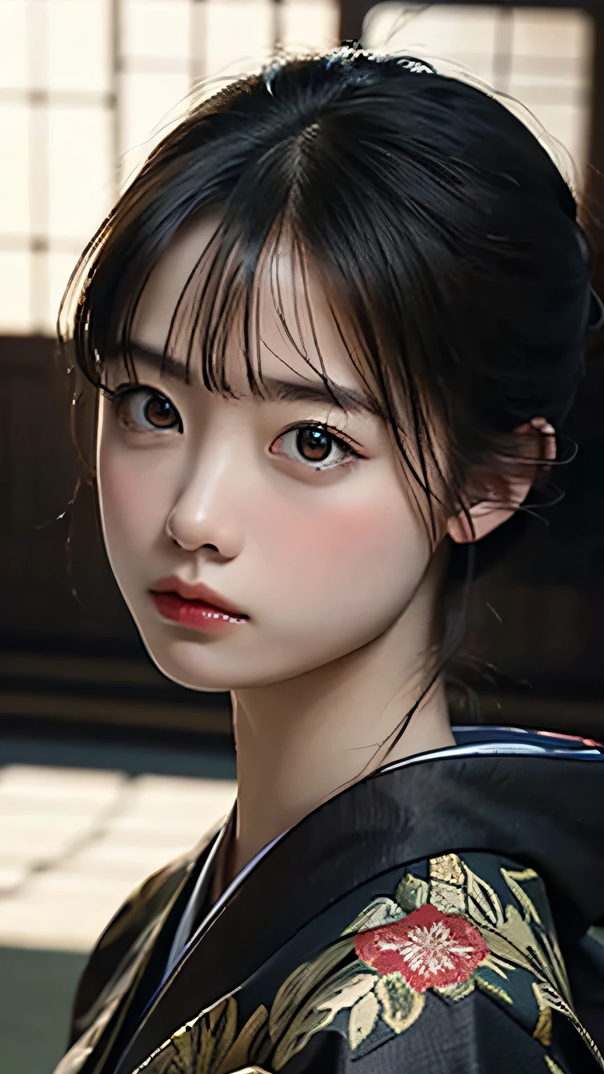fuji xt3 raw photo, masterpiece, best quality, realistic, detailed, high quality, masterpiece, detail, perfect face, extremely detailed face, wear black kimono