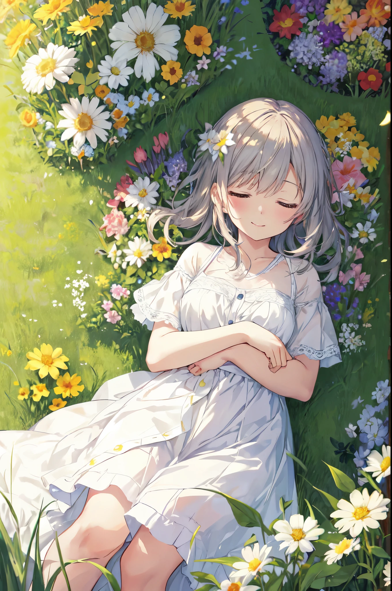 heaven, heaven, Light, Shine, happiness, Bright smile, Shine, Flowers, garden, Sleeping in the grass 、girl