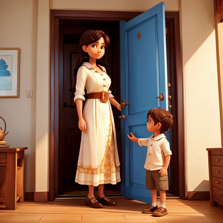 Mother standing in the door with her 2 childrens