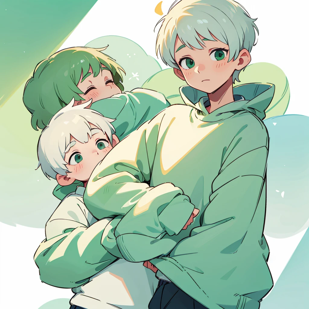 Soft boy with twenty years old,white shortcut hair,green sleepy eyes ,soft smile,sweatshirt
