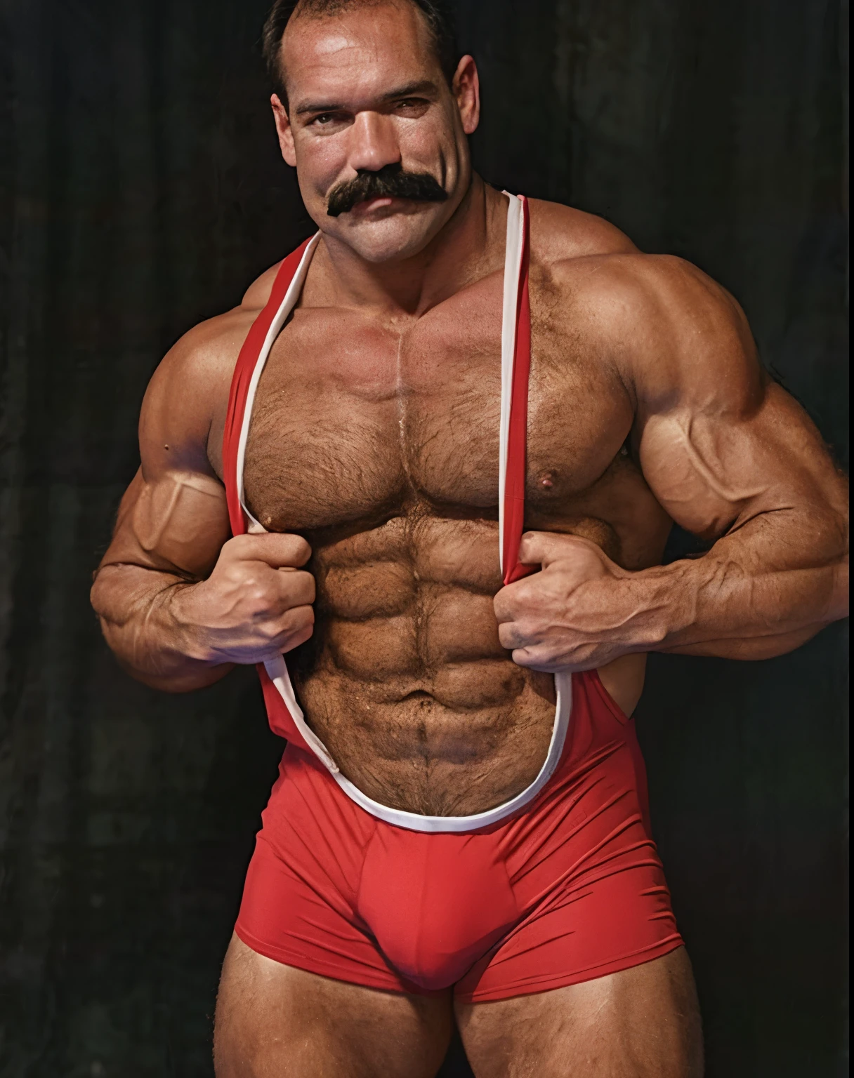 big old muscleman wearing a wrestling singlet in a wrestling ring, nice bulge, mustache