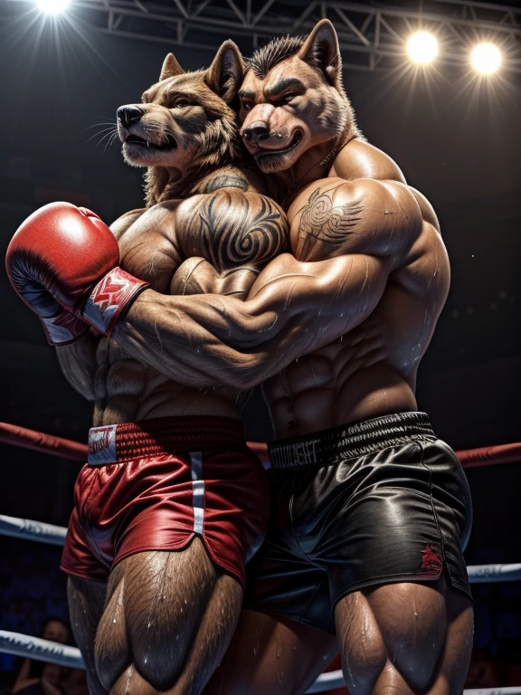 Duo big male fighters(Brown Wolf vs Marrow Wolf, handsomes, Thick eyebrows), beso gay(Cuddling embraced, in a boxing match), hot(Full body, shirtless), handsomes(They are handsomes, correct anatomy), musculosos(Big muscle bodies, Six packs, muscle abs, big pecs, muscle legs, muscle backs), sweaty(very sweaty wet bodies), tatuajes(they have tattoos), Angry(They have an angry expression), boxing gloves(They both are wearing reds boxing gloves), shorts(They both are wearing black shorts), Hight resolution