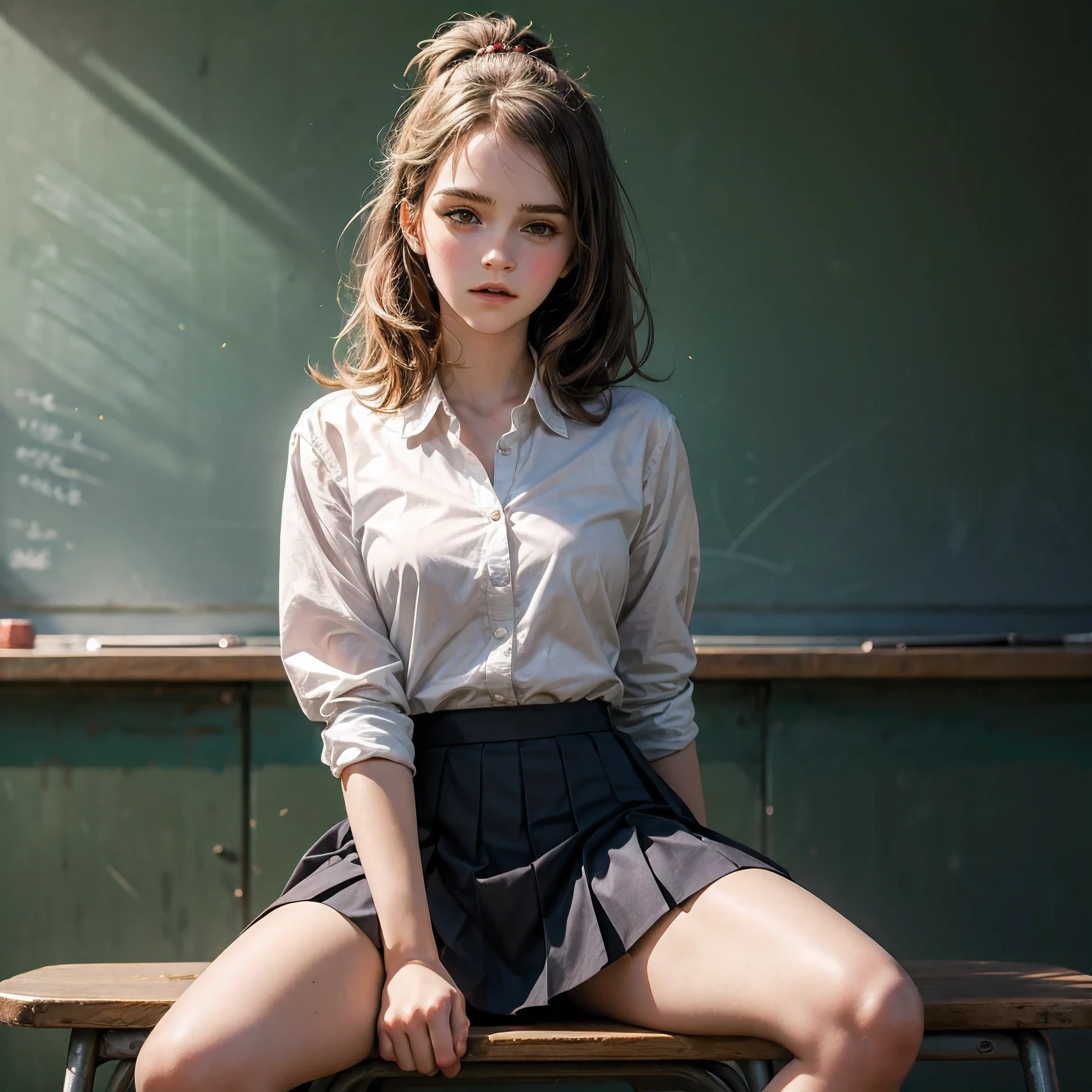 teen emma watson as a sexy sitting on a fence. tight intricate . slender body. classroom. day. background blackboard. pleated skirt.