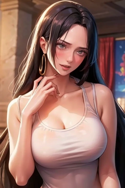 best quality, masterpiece, highly detailed,1girl, Boa Hancock, , (masterpiece:1.5), Detailed Photo, Smiling, Sexy, (8K, Best Quality: 1.4), (1girl), Beautiful Face, (anime realistic Face), (Black Hair, long Hair: 1.3), Beautiful Hairstyle, Realistic eyes, beautiful detail eyes, (white skin), beautiful skin, absurd, attractive, ultra high resolution, ultra realistic, high definition, golden ratio, (sexually aroused:1.5), Pinkish white skin, cool white light, sexy pose, Beautiful , white background, pink soft white light, Wear a white tank top