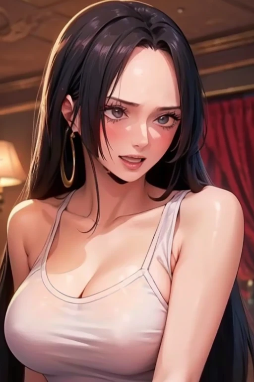 best quality, masterpiece, highly detailed,1girl, Boa Hancock, , (masterpiece:1.5), Detailed Photo, Smiling, Sexy, (8K, Best Quality: 1.4), (1girl), Beautiful Face, (anime realistic Face), (Black Hair, long Hair: 1.3), Beautiful Hairstyle, Realistic eyes, beautiful detail eyes, (white skin), beautiful skin, absurd, attractive, ultra high resolution, ultra realistic, high definition, golden ratio, (sexually aroused:1.5), Pinkish white skin, cool white light, sexy pose, Beautiful , white background, pink soft white light, Wear a white tank top
