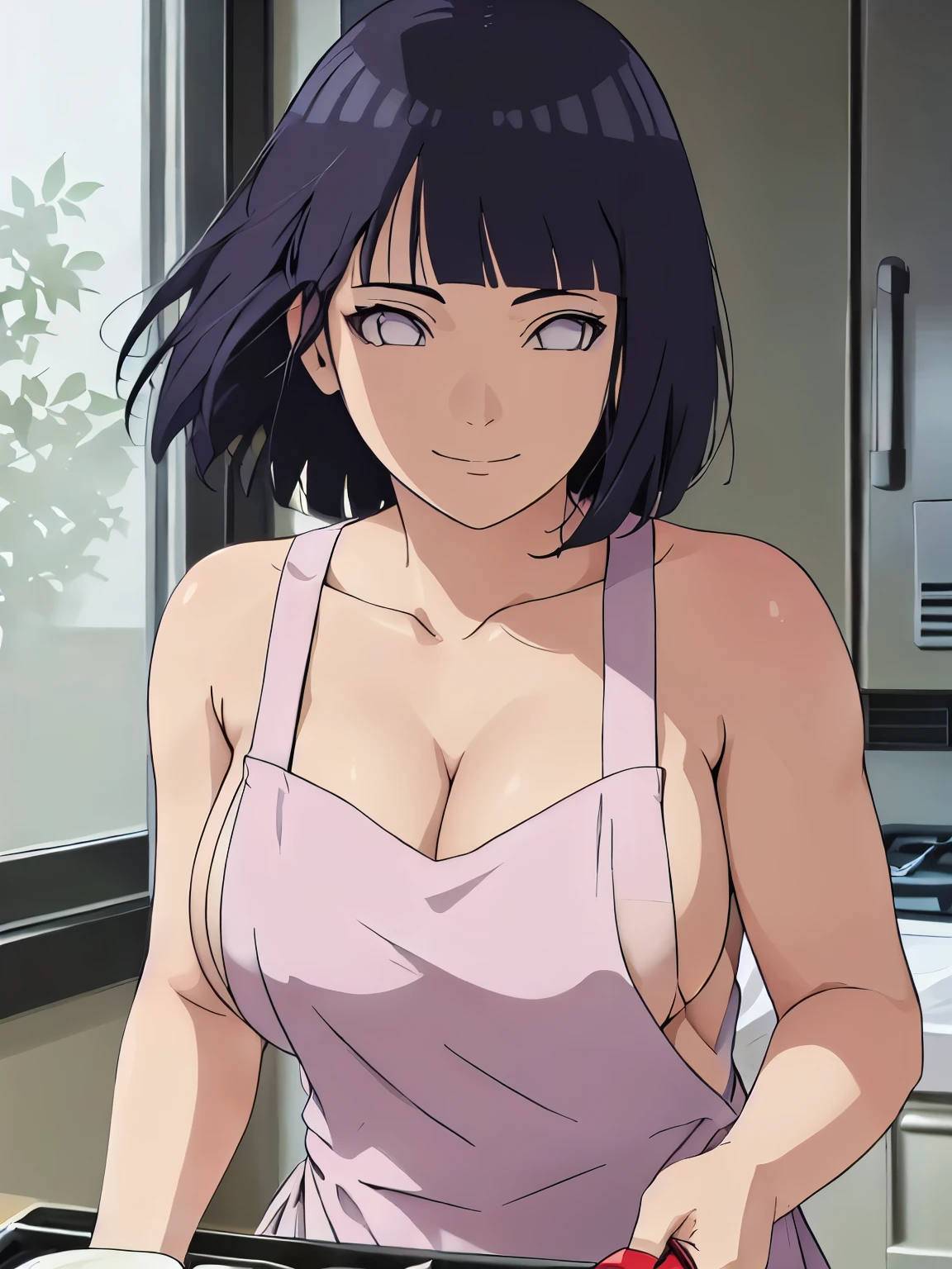 (hinata\(boruto\), (sfw, high quality, anime, cowboy shot, white apron only, off-shoulders, little biceps, super detailed body, smile), ((cooking)), (medium-big breasts, cleavage), closed mouth), pale skin, ((floating hair, dark blue, short hair, hime cut، loose hair), (location: bed, windy afternoon),
