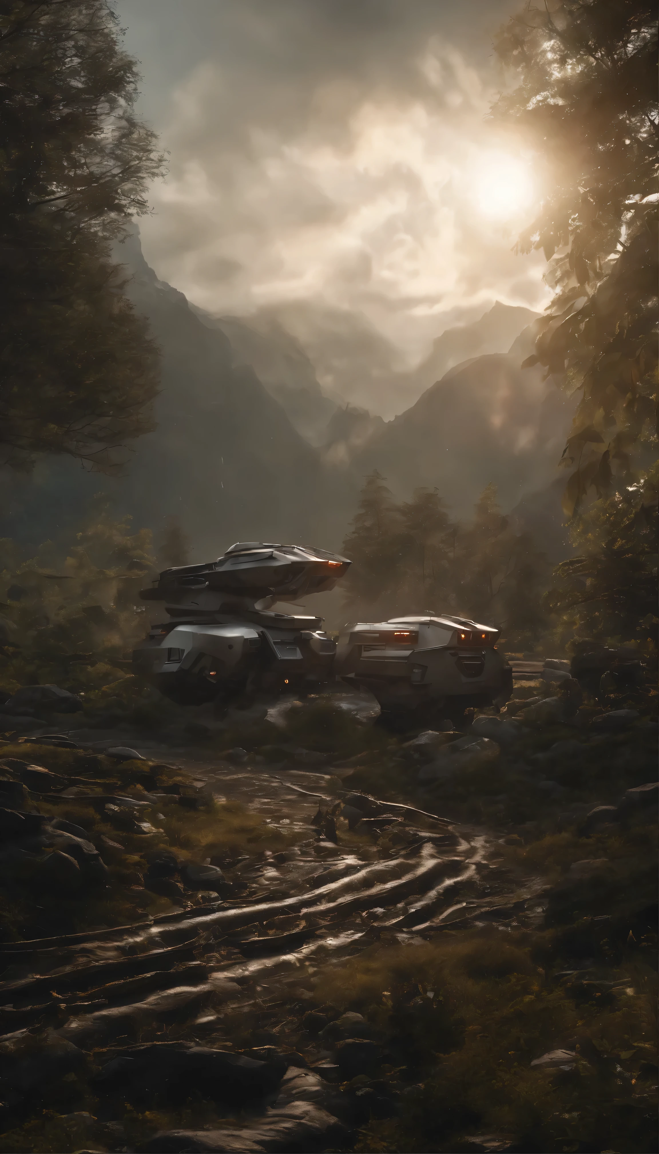 A stunning concept art piece depicting a traditional landscape in 8K resolution、It boasts super cool and ultra realistic sci-fi elements.。The images are filled with dramatic and atmospheric lighting.、Light rays trace ultra-detailed 3D environments。This scene、Dark shadows to highlight the ultra-detailed features that are trending in 4K Ultra HD ArtStation、Creates cinematic lighting effects。The central focus is、The design emphasizes the futuristic machinery placed in a rustic landscape.、Adds attractive contrast to the image。Unrealistic Engine 5 rendering、Enhance your visual experience、This really makes this a masterpiece.。