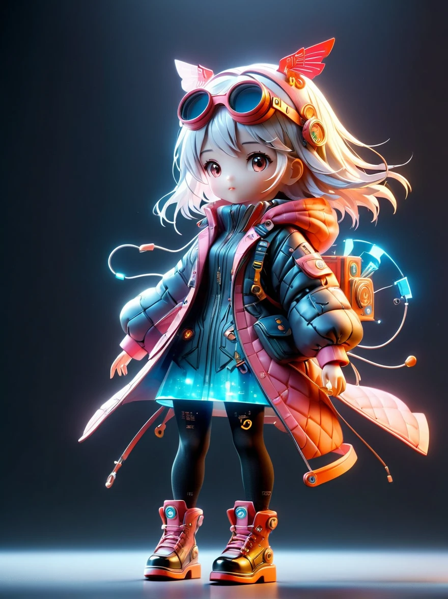 blind box, plastic toy, 3D tous, IP model, A cute little girl of the world, white hair, tech goggles, a holo-glowing translucent jacket, Time travel device, a lot of decoration, precision mechanical parts, glossy materials, futuristic, cyberpunk, resin material, full body, full Shot, Simple background, display lighting, volumetric lighting, oc render, volume rendering, 8K Resoulution, (Full body shot), (Mechanical shoes:1.2), (Black laser stockings), Super Fine, Unbelievably ridiculous, Extremely detailed, Delicate and dynamic, Pixar, 3d, c4d, Surrealism, rococo style, Cubist Futurism, Futurism, first-person view, pov, (anatomically correct), best quality, 8k, UHD, masterpiece, ccurate, textured skin, super detail, award winning, best quality