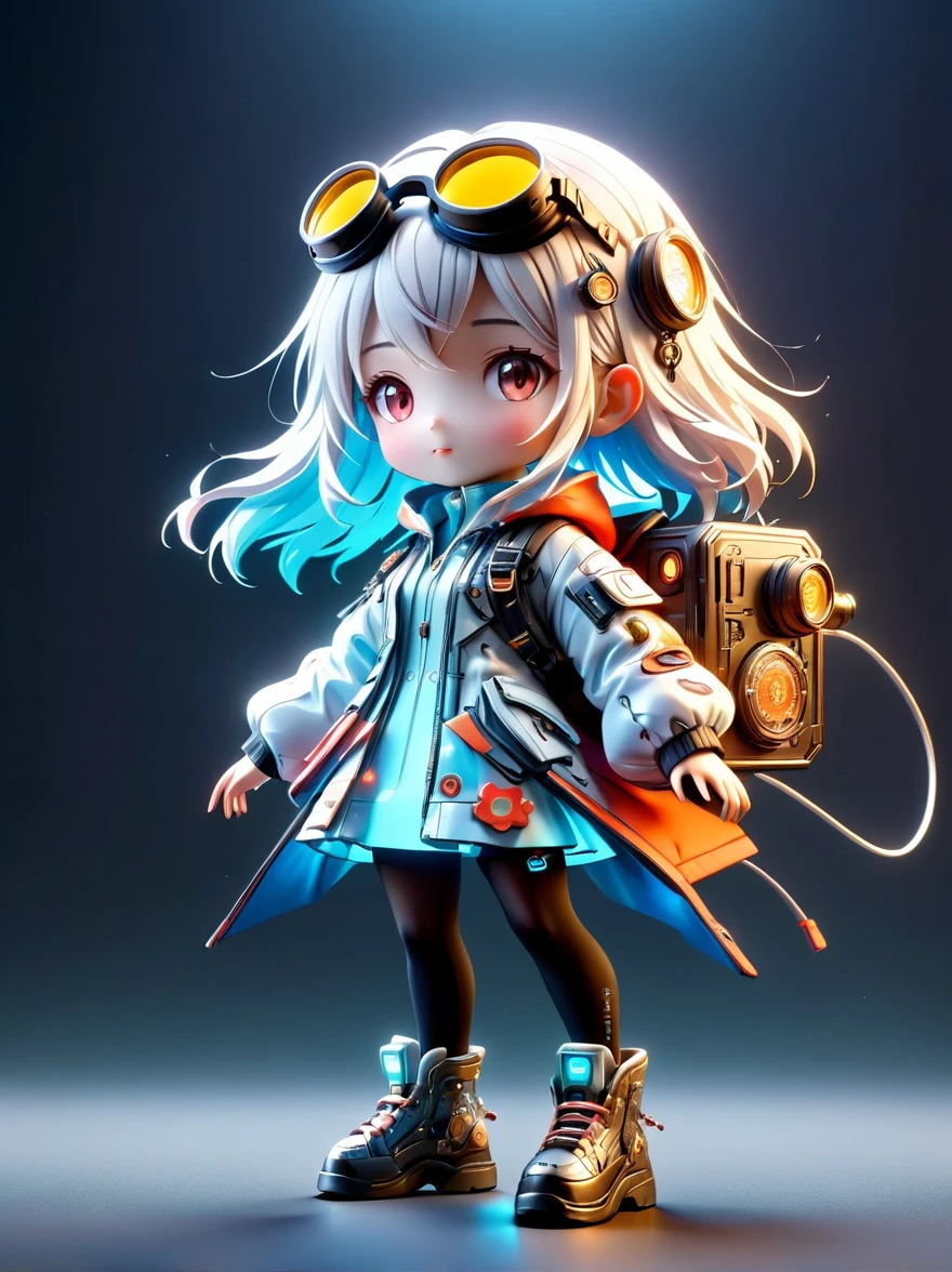 blind box, plastic toy, 3D tous, IP model, A cute  girl of the world, white hair, tech goggles, a holo-glowing translucent jacket, Time travel device, a lot of decoration, precision mechanical parts, glossy materials, futuristic, cyberpunk, resin material, full body, full Shot, Simple background, display lighting, volumetric lighting, oc render, volume rendering, 8K Resoulution, (Full body shot), (Mechanical shoes:1.2), (Black laser stockings), Super Fine, Unbelievably ridiculous, Extremely detailed, Delicate and dynamic, Pixar, 3d, c4d, Surrealism, rococo style, Cubist Futurism, Futurism, first-person view, pov, (anatomically correct), best quality, 8k, UHD, masterpiece, ccurate, textured skin, super detail, award winning, best quality