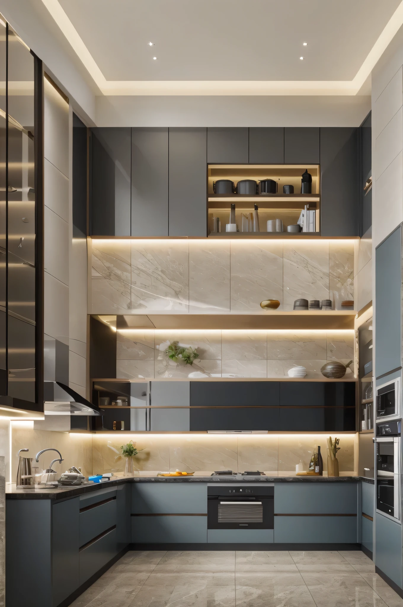 Modern kitchen, with wall-mounted kitchen cabinets, light yellow lighting, with refrigerator, high quality images