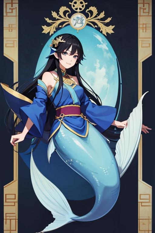 Anime Art、Full body portrait、The Blue Mermaid of Romance of the Three Kingdoms、A woman, about 180cm tall and about 45 years old, wearing an indigo blue dress, standing upright and arrogantly.、Sharp Eyes、Straight long black hair、Bossy smile
