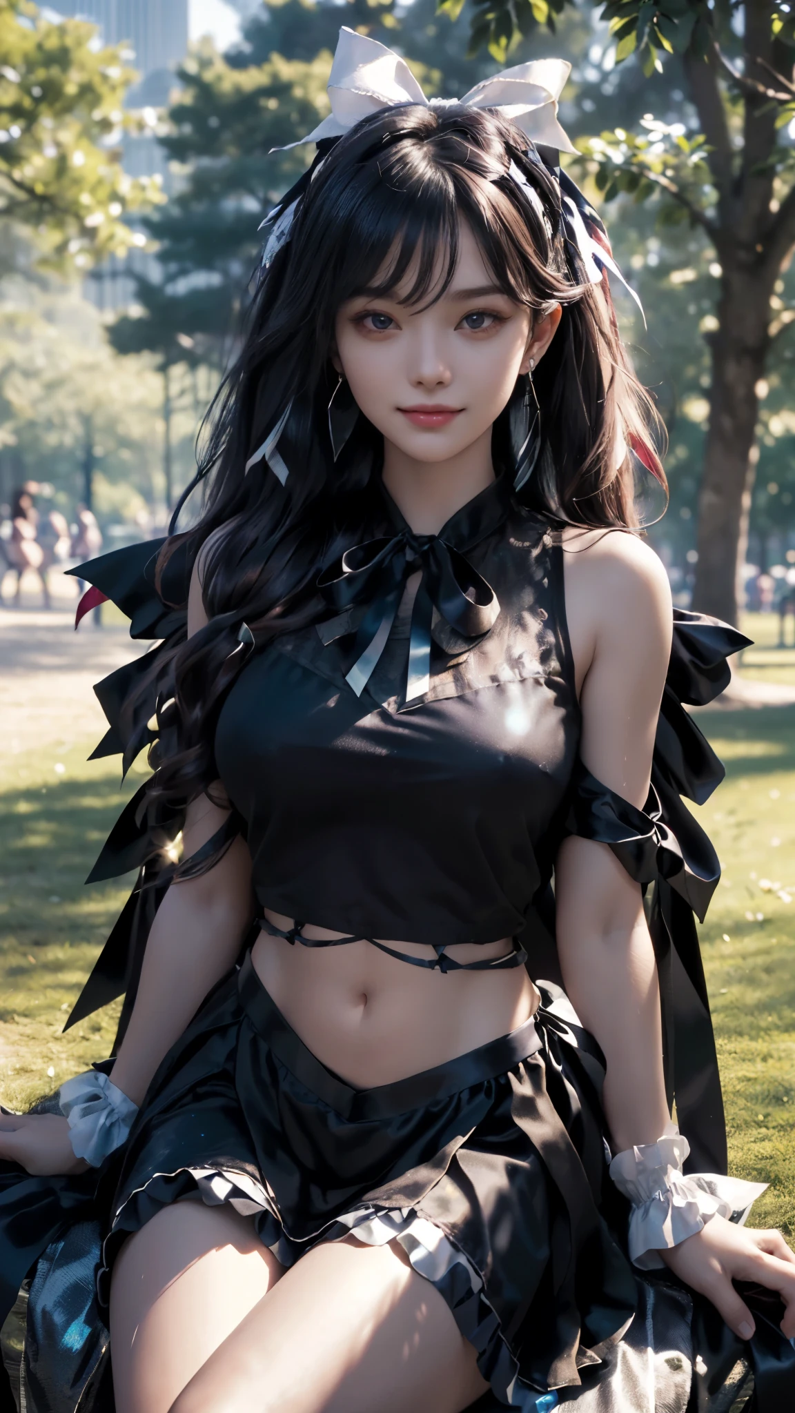 (ultra-realistic realism), (illustratio), (A high resolution), (8K), (The is very detailed), (Best Illustration), (Beautifully detailed eyes), (top-quality), (ultra - detailed), (tmasterpiece), (HD Color), 1 girl, ((24 years old girl)), (A detailed face), solo, 1 girl in, looking at viewert, finedetail, A detailed face, in the darkness nigth, deep shading, low tune, pureerosfaceace_V1, A smile, black shawl ,straight hair, 46-point diagonal bangs, (beautiful stomach, strips), (shining ribbon:1.5), (cropped shoulders), (in the park:1.5), lake, ((sitting on the chair)),